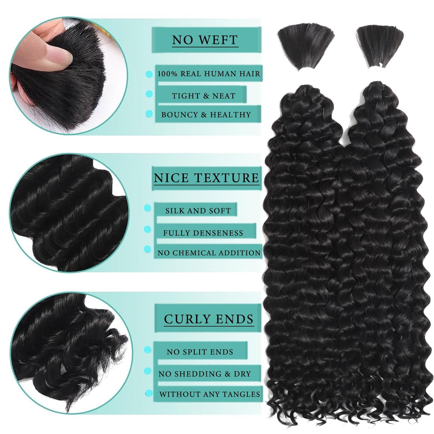Human Braiding Hair for Boho Braids 100% virgin Human Hair 110g 20 Inch Curly Knotless 12A Deep Wave Bulk Bohemian Braiding Hair for 2 Bundles/Pack Extensions (1B-Natural Black-Deep, 20Inch)