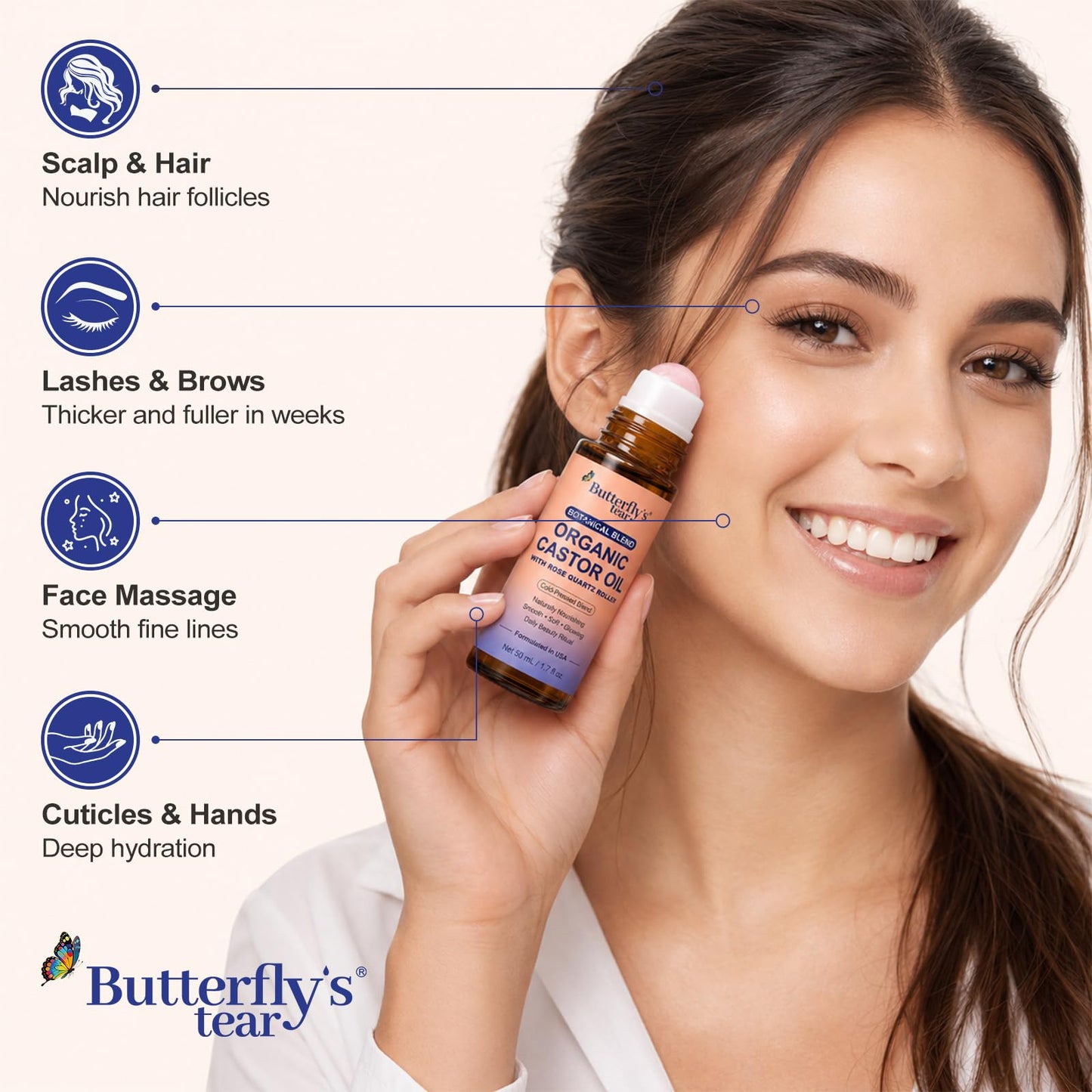 BUTTERFLY'S TEAR Organic Castor Oil with Rose Quartz Roller,100% Pure Cold-Pressed, Organic Castor Oil Roll On Rose Quartz,Hexane-Free,50Ml