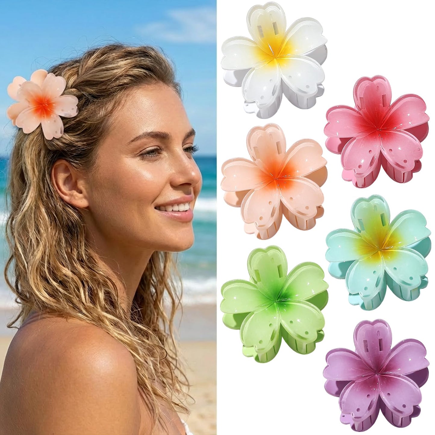 SMKSL 6 Pcs Flower Hair Claw Clips for Women Hawaiian Large Hair Clips for Thick Thin Curly Hair, Strong Hold & Non-Slip, Stylish Medium Beach Hair Accessories for Women Girls (Hawaiian)