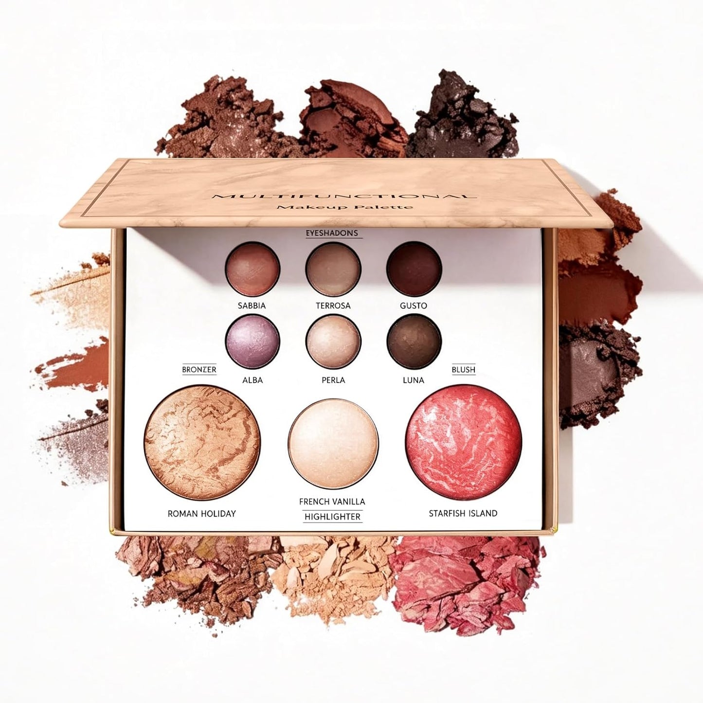 Multifunctional Makeup Palette - 6 Eyeshadows & 3 Face Powders, Neutral Shades | Cruelty-Free, Inspired by Tuscan Elegance