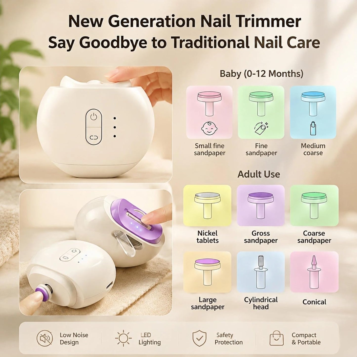 Electric Nail File & Trimmer for Seniors & Babies - Rechargeable, Quiet, LED Light, Multiple Speeds, Built-in Storage