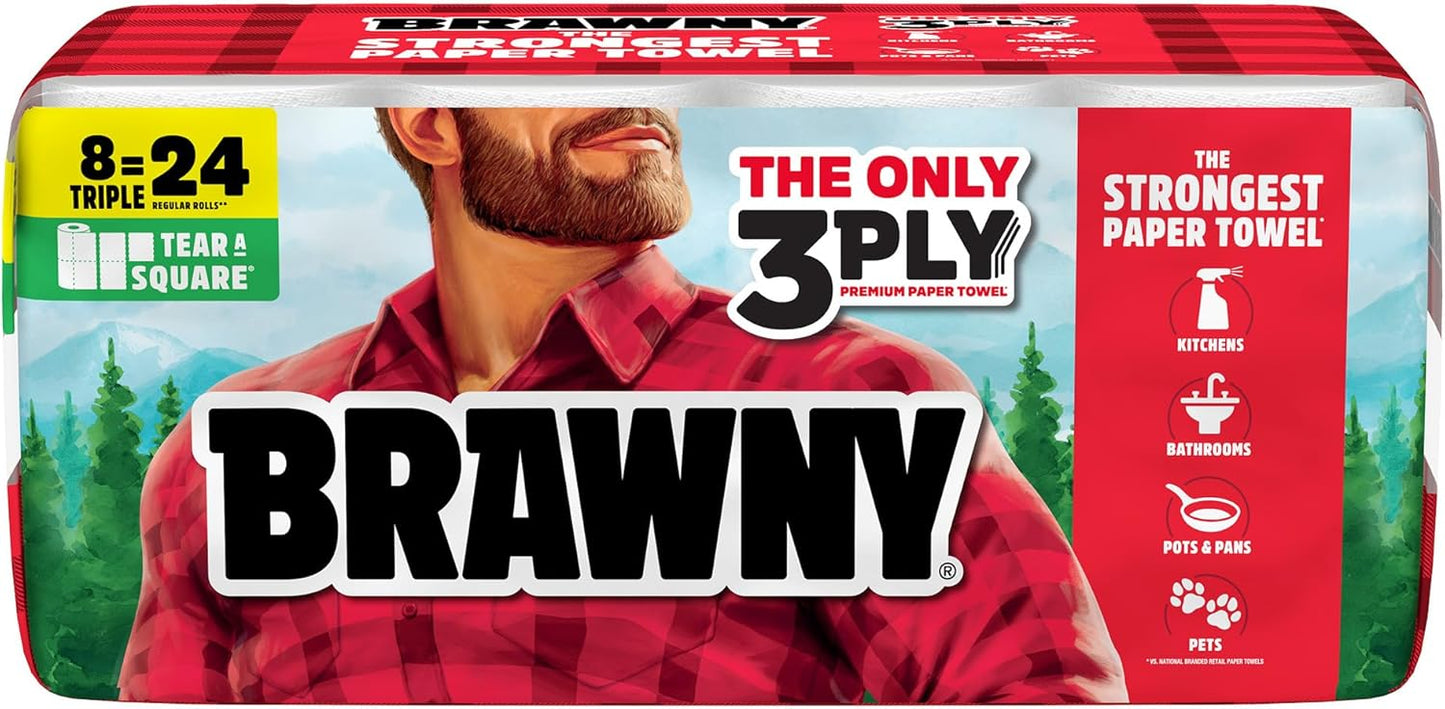 Brawny Paper Towels - 3-Ply Tear-A-Square, Strong & Absorbent | 12 XL Family Rolls (30 Regular Rolls)