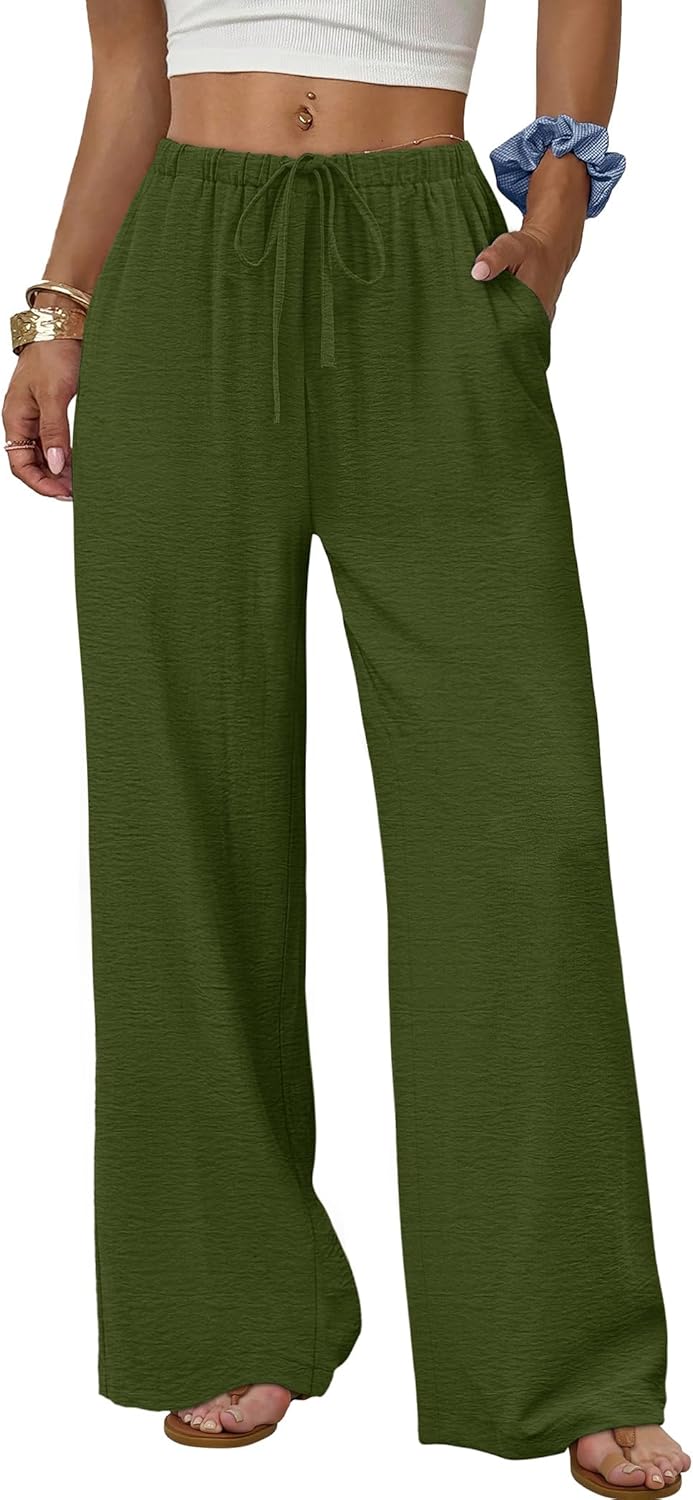 Wide Leg Pants for Women - Flowy Palazzo Trousers with Drawstring & Pockets | Summer Beach Vacation Wear