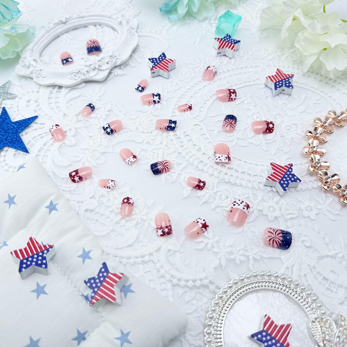 24Pcs 4th of July Press-On Nails | Short Square French Tip with Patriotic Red, White, and Blue Designs