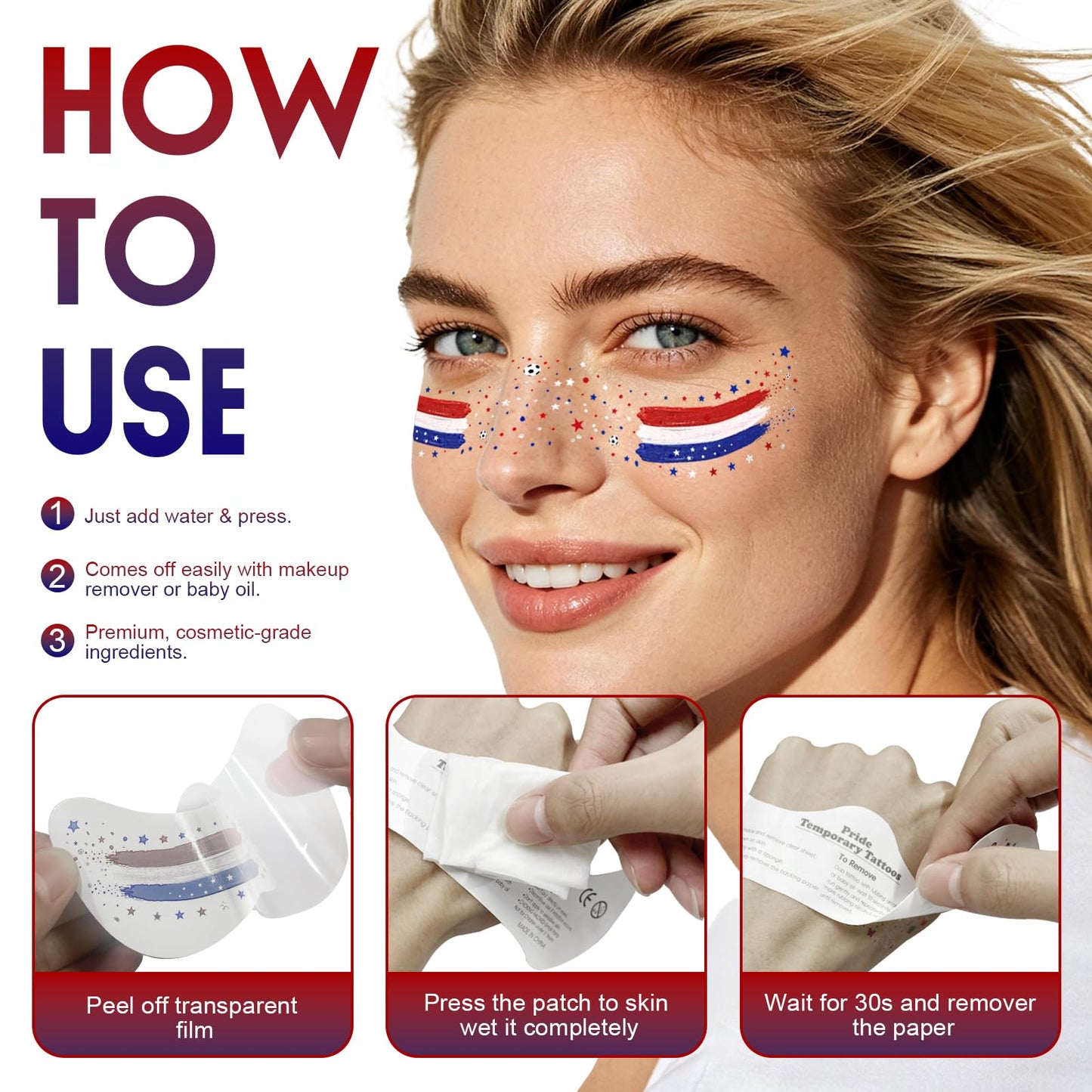 VXZ Red White Blue USA Soccer Fan Freckles Face Tattoo - Tricolor Brushstroke Temporary Tattoos | Waterproof Sports Sparkle Stickers for Football Matches & Game Day Celebrations (8 Sheets)