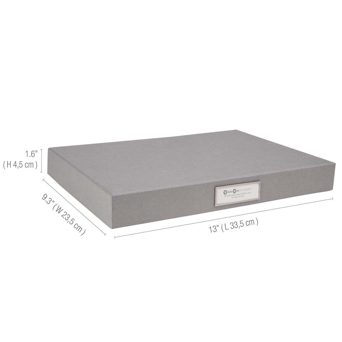 Bigso Sven Fiberboard Classic Hinged Document Box - File Organizer for Important Paperwork - Document Storage Box with Hinged Lid & Metal Label Window - 1.8 in x 13.2 in x 9.3 in - Grey
