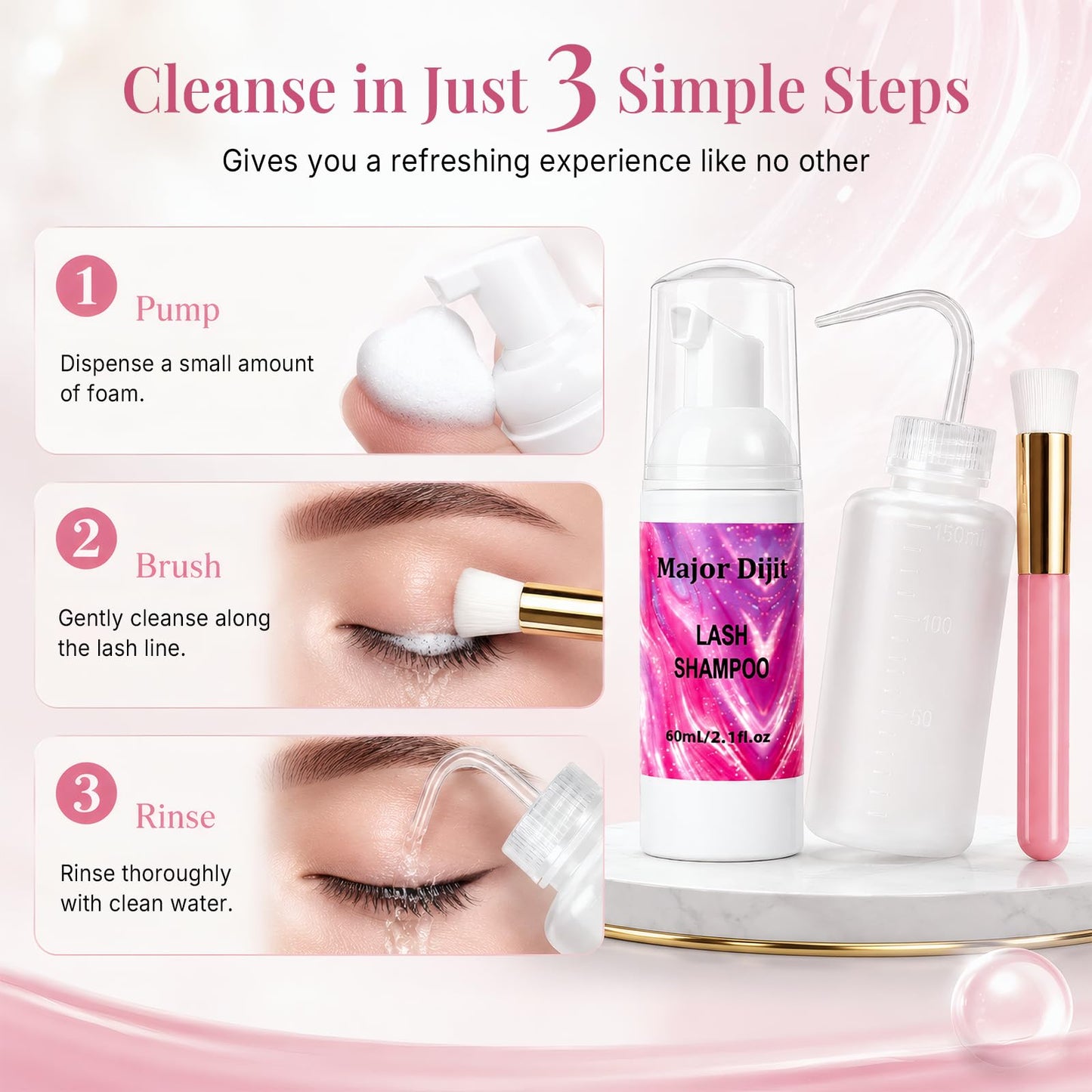 Major Dijit Lash Shampoo Kit Lash Cleaning Kit with Brush/Rinse Bottle Oil-free Cleanser Wash for Extensions & Clusters & Natural Eyelashes Cleaner for Eyelash Care (White Kit)