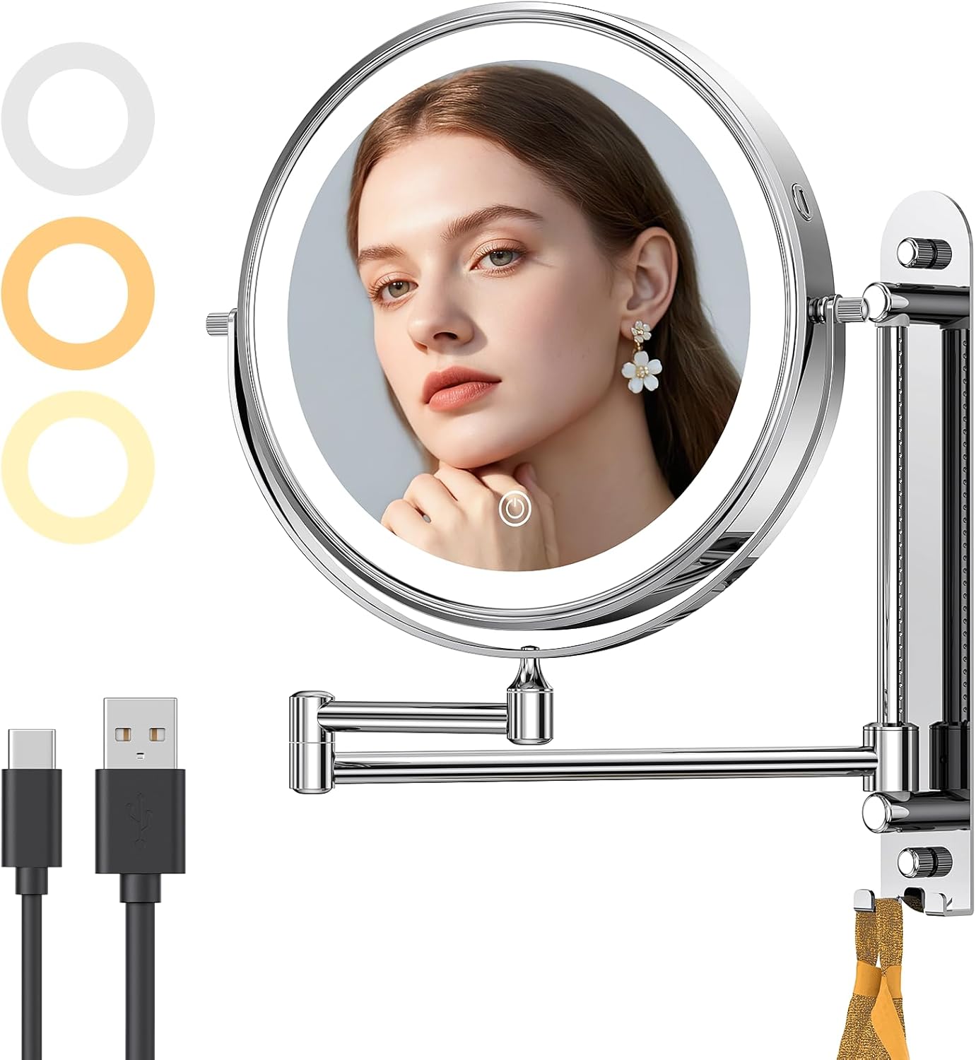Gospire 9” Wall Mounted Makeup Mirror - 10X Magnification, Adjustable Height, Chrome Finish | 360° Swivel Design