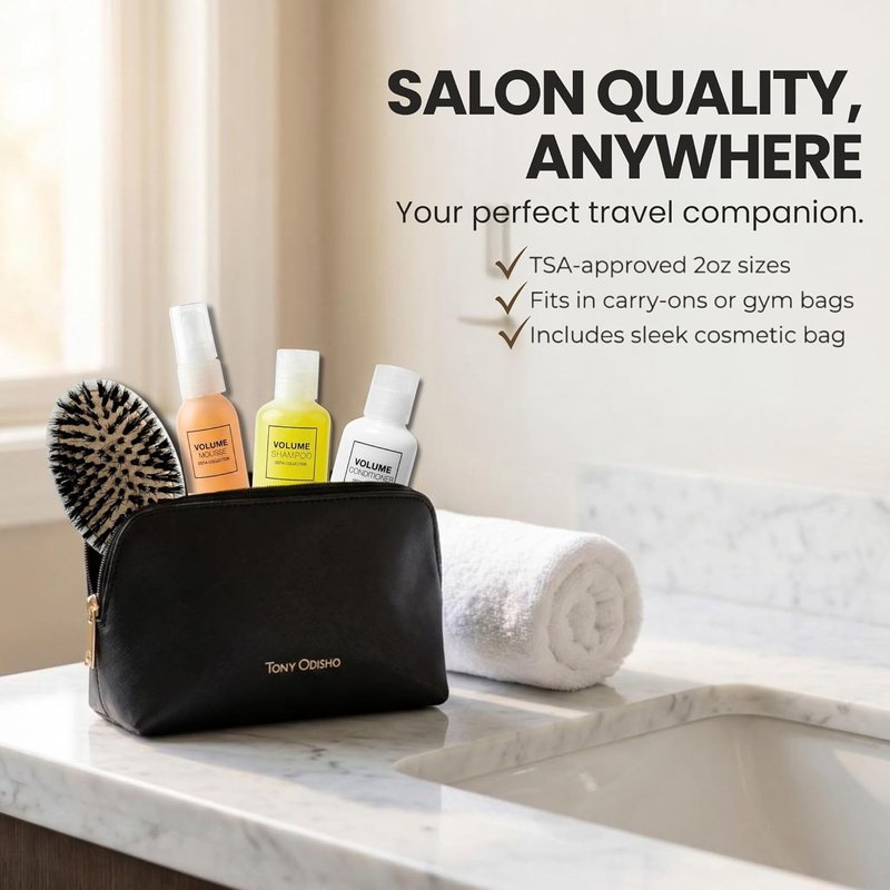 Volumizing Hair Care Kit - Mini Shampoo, Conditioner & Mousse for Fine Hair | Sulfate-Free Travel Set with Brush & Cosmetic Bag - 5 Pieces