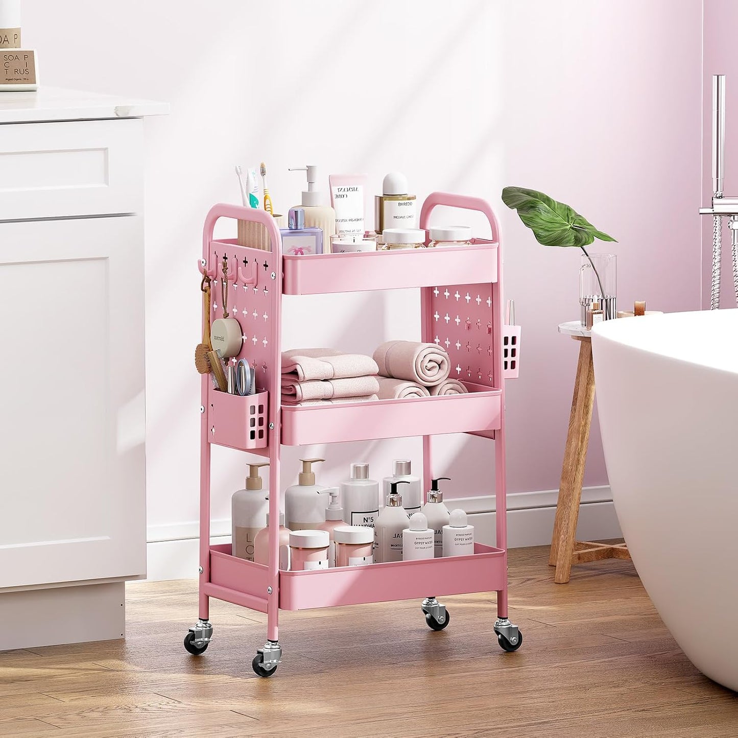3 Tier Rolling Cart with DIY Pegboard - Metal Utility Cart with Wheels, Hooks & Baskets | Sturdy Storage Organizer for Craft, Bathroom, Kitchen, Office, Nursery, Classroom (Pink)