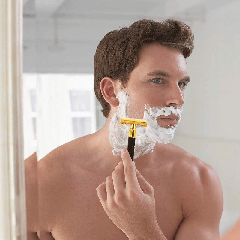 Krisp Beauty Double Edge Safety Razor - Butterfly Open Long Handled Men's Beard Shaving Razor with 5 Premium Blades
