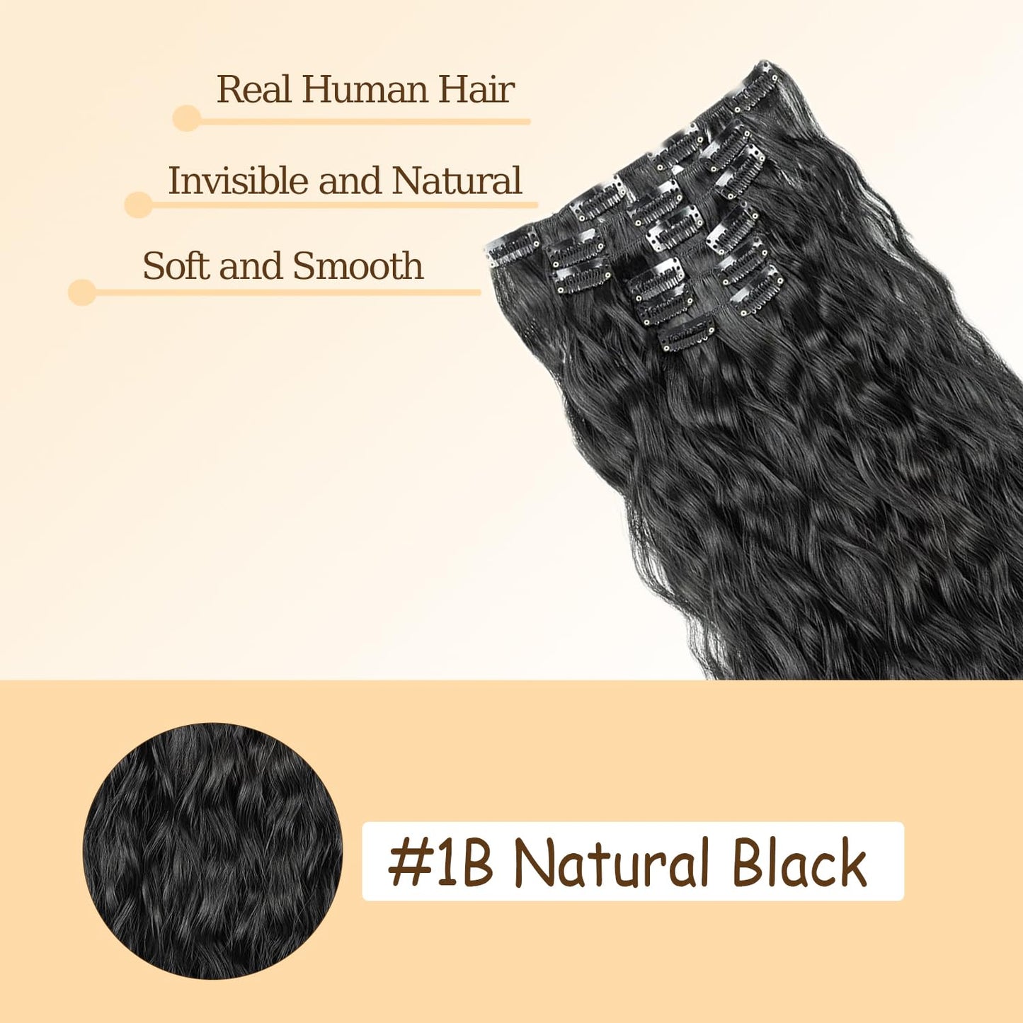 #1B Long Wave Clip in Hair Extensions Real Human Hair, 16 Inch 120g/7Pcs,Full Shine Remy Human Hair,Natural Black Clip ins Brazilian Virgin Human Hair Extensions