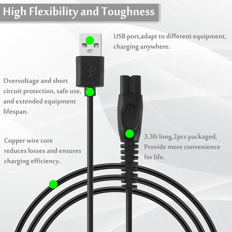 HX-CQHY 5V USB Charger Cord Fits for Philips OneBlade QP2724 QP2834 QP1924,Replacement for OneBlade 360 MG7910 MG5910 MG9510 QP4631 QP6531 QP1424 X3001 USB Trimmer Charging Cable(TPE-2 Pack,3.3FT)