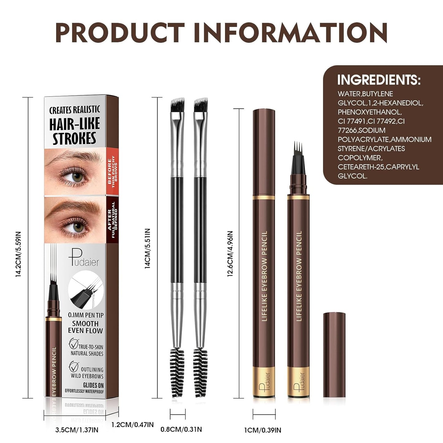 Microblading Eyebrow Pen Set - 4-Tip Waterproof Vegan Formula for Natural Hair-Like Strokes | 2 Pack Soft Brown