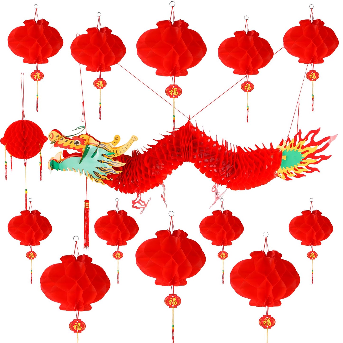 BRIOYHA 14PCS 3D Chinese Dragon Decoration Set with Red Ball 12 Lanterns for 2026 Lunar New Year, Spring Festival Party Decor