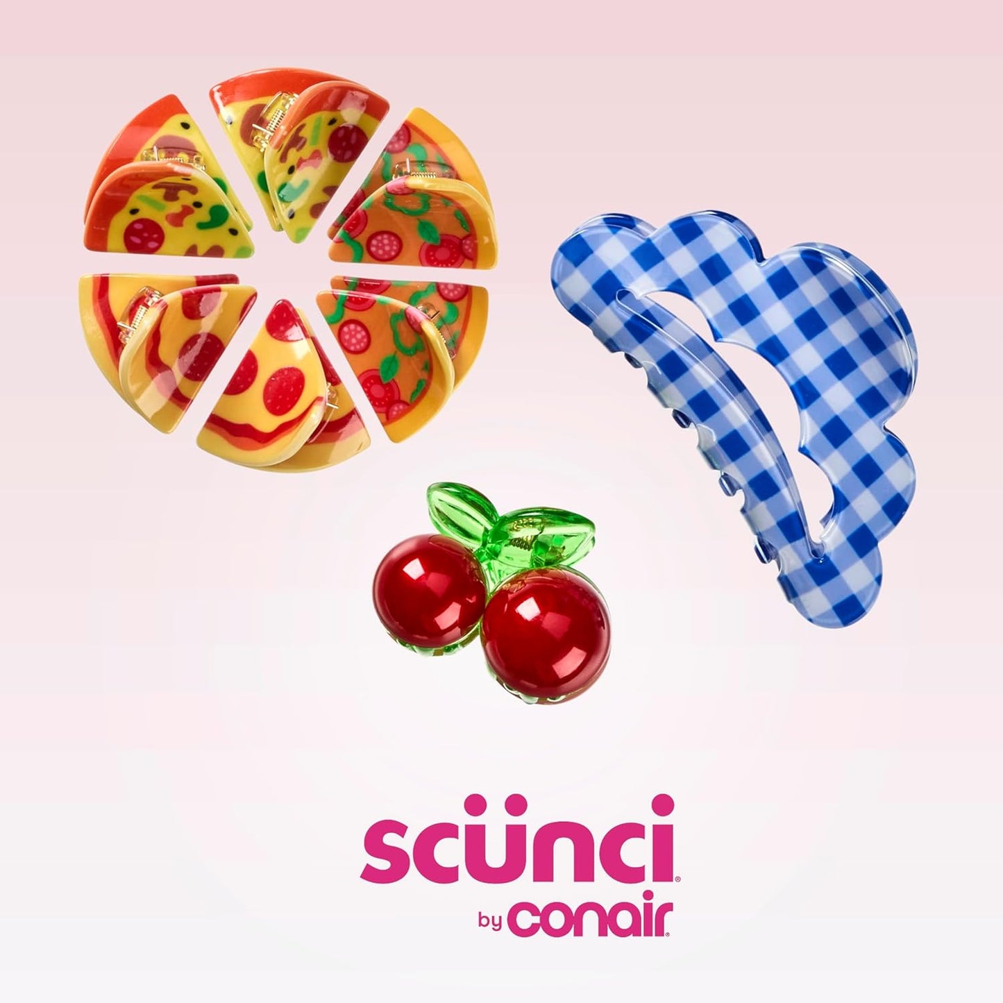 Scunci Novelty Food Claw Clips - Fun Mini Pizza & Cherry Hair Clips | 8PK, Trendy for All Hair Types