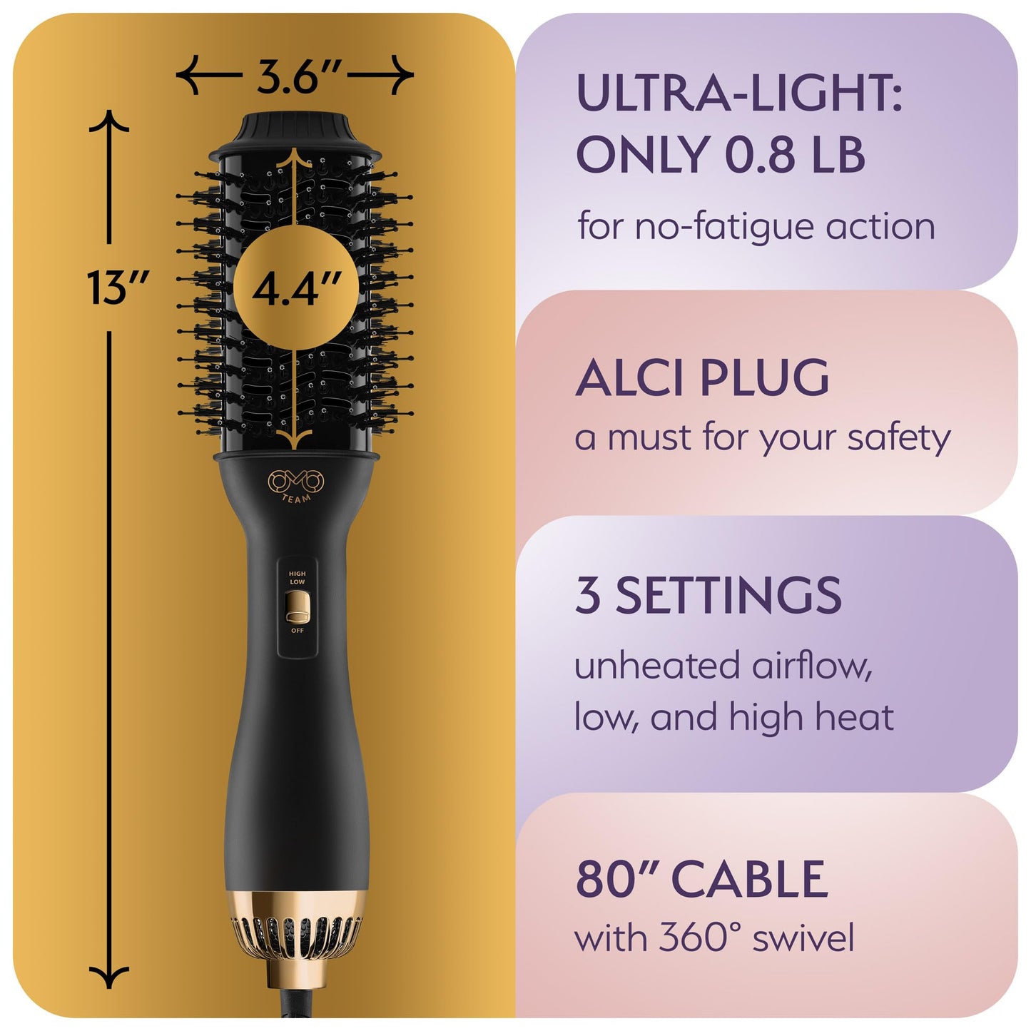 Manual Dual Voltage Blowout Hair Dryer Brush, Professional Hot Air Brush for European Travel 110V-120V/220V-240V, Black Gold Dryer and Volumizer for Women, 2.4 INCHES Oval Shape