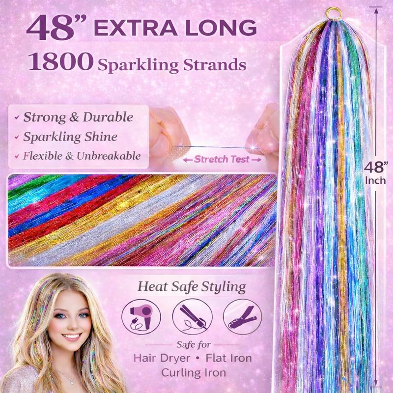 Hair Tinsel Kit - 48 Inch Holographic Glitter Strands for Party & Cosplay | Heat Resistant Gold, Silver & Pink