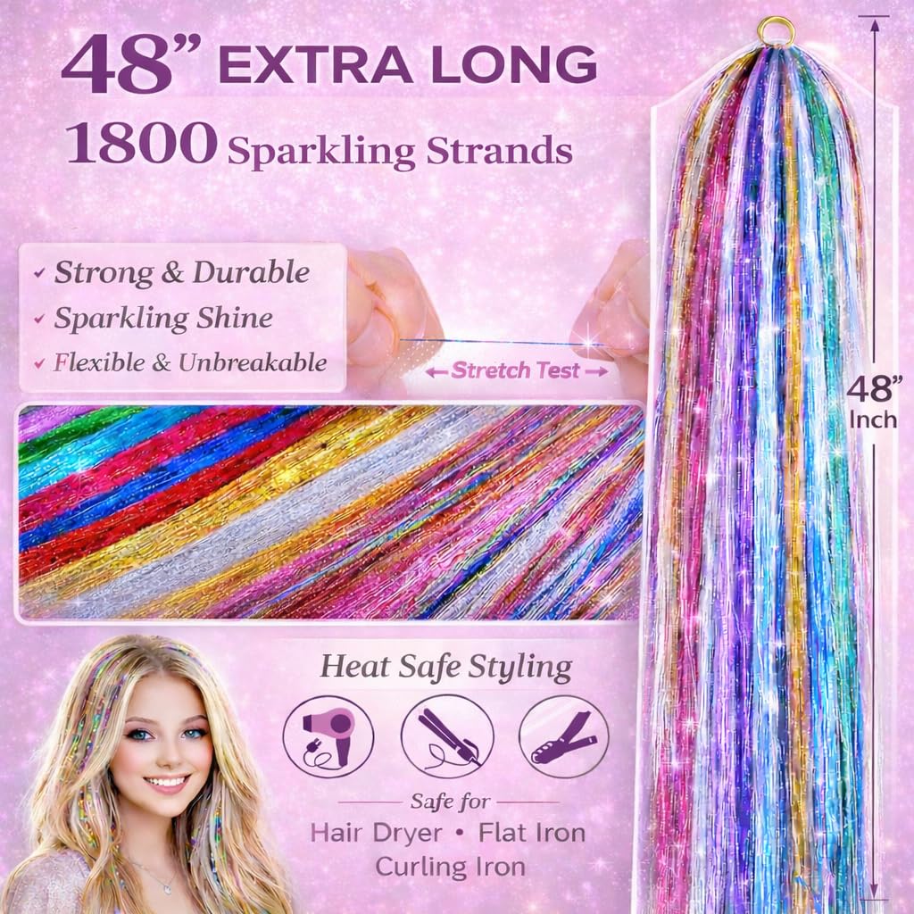 Hair Tinsel Kit - 48 Inch Holographic Glitter Strands for Party & Cosplay | Heat Resistant Bronze Gold