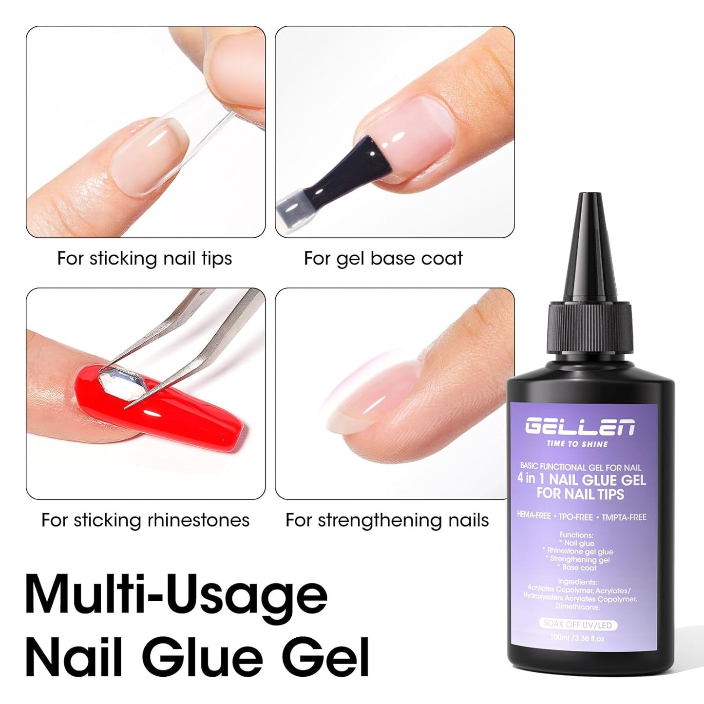 GELLEN 4 in 1 Gel Nail Glue Refill - 100ml Strong Adhesive for Acrylic Nail Tips | HEMA TPO TMPTA 3-Free, UV Light Cured