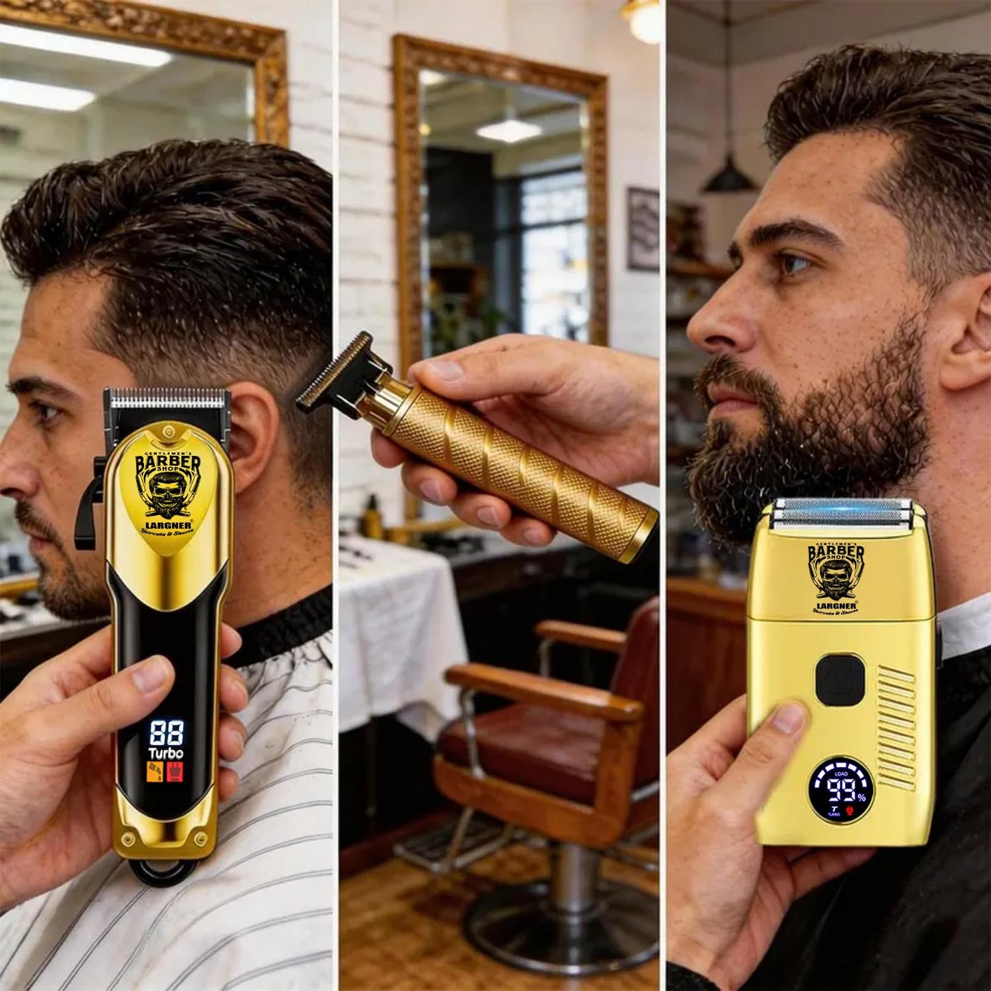 Largner Hair Clippers for Men Professional, Cordless Beard Trimmer & Electric Razor Shavers for Men, Rechargeable 3 Piece Barber Hair Cutting Kit LED Display Men's Grooming Kit