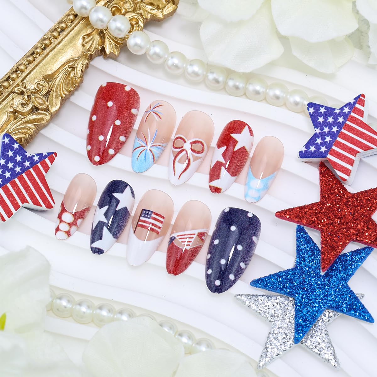 Patriotic 4th of July Press-On Nails - Short Almond French Tips | 30 Pcs Red, White & Blue with Star & Bow Designs