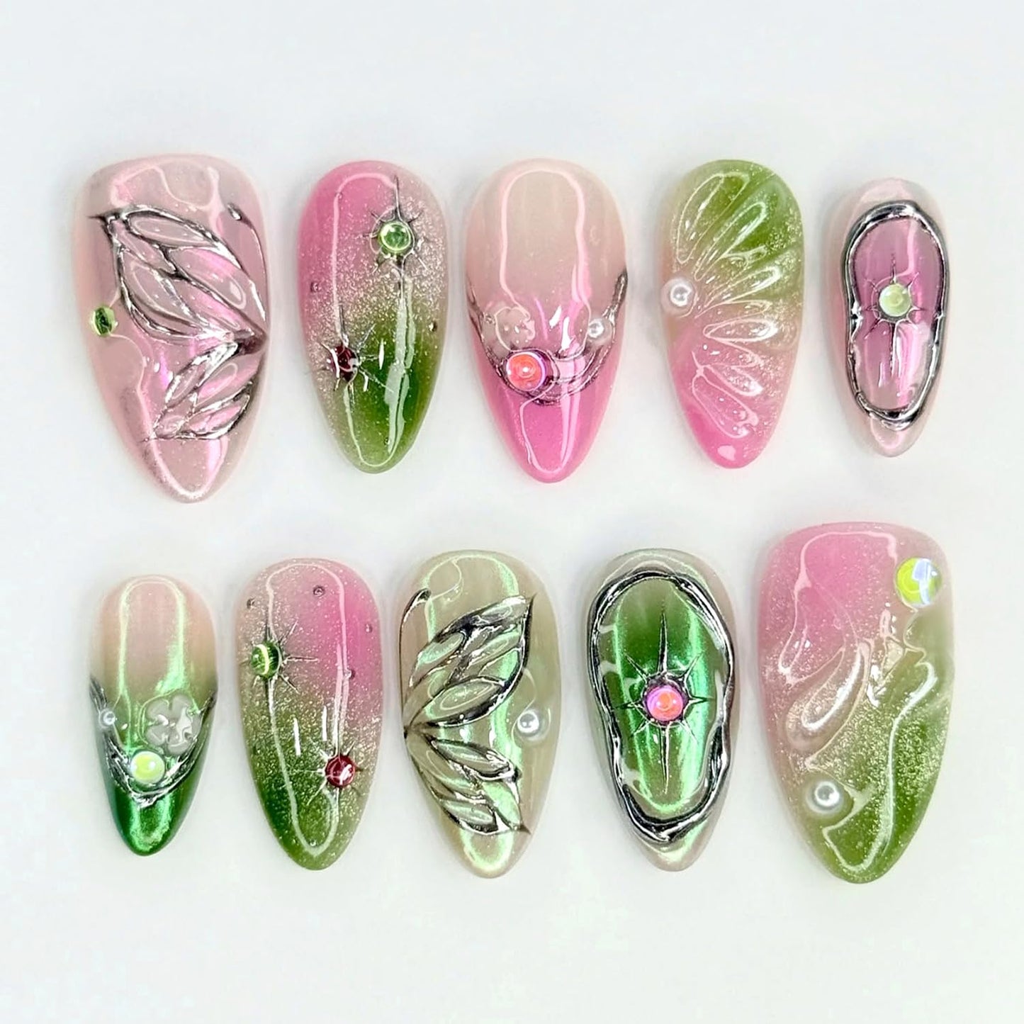 Press-On Nails - 24Pcs Medium Almond Fake Nails with Lotus & Lucky Koi Design | Glossy Full Cover for Spring/Summer DIY Manicure