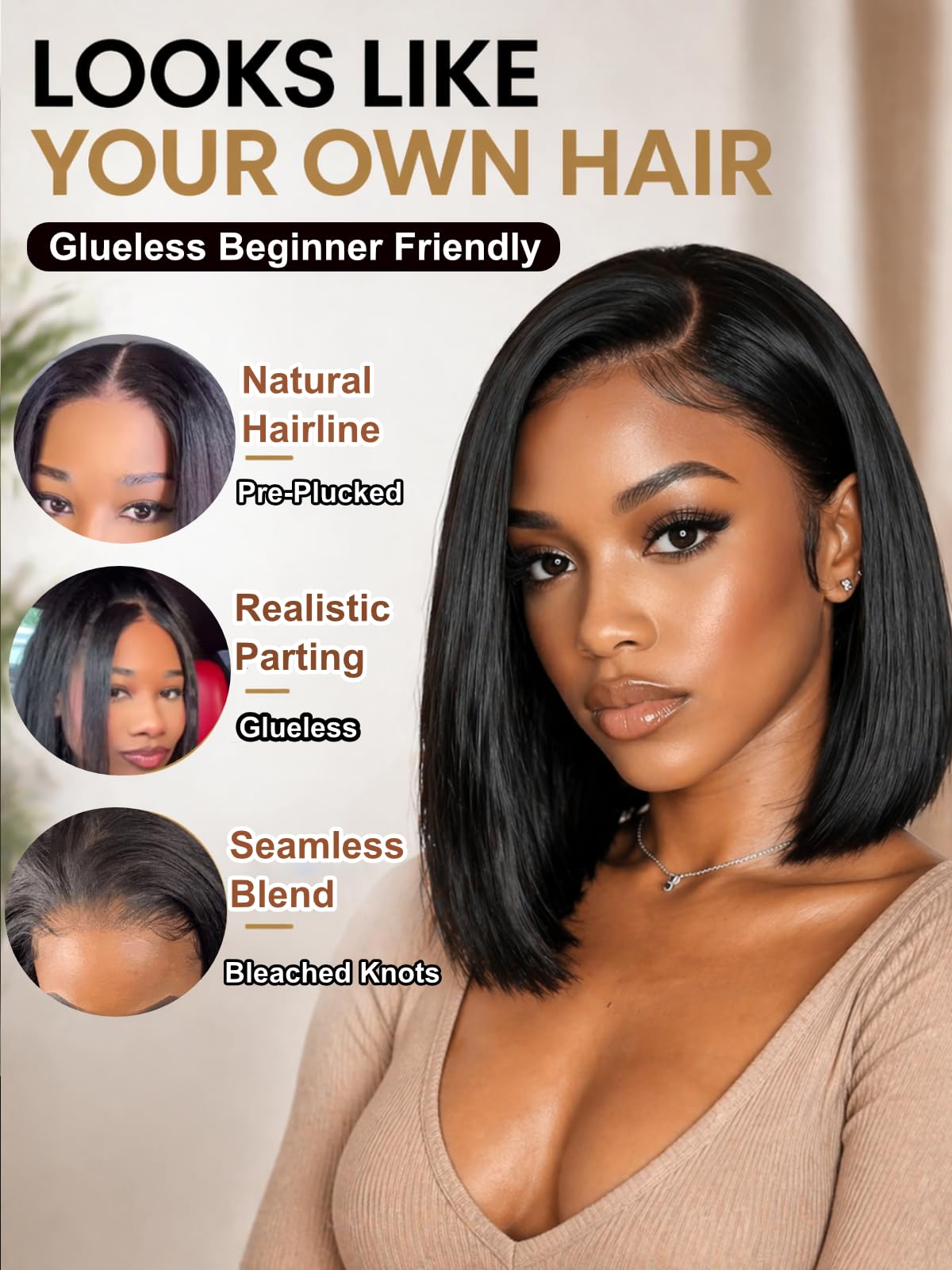 UNICE 10Inch Straight Bob Wig Human Hair, 7x5 Lace Front Glueless Wig, Pre-Plucked Pre-Cut Bleached Knots, 150% Density, Beginner Friendly Drawstring Wig, Secure Fit Put On and Go Natural Hairline