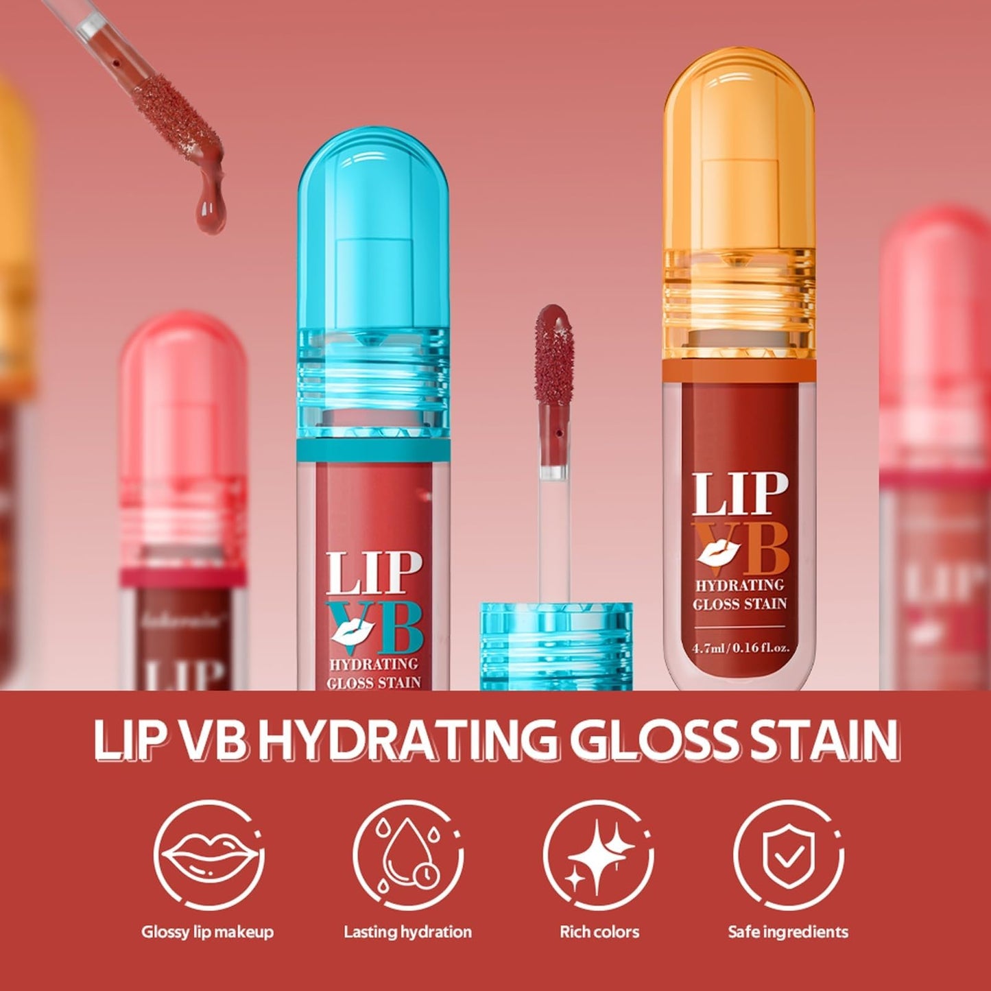 LIP VB Hydrating Gloss Stain – Lip Tint Gloss with 12HR Hydration Long-Lasting Moisture & Shine, Smooth Lip Stain with Glossy Finish, Non-Sticky, Rich Color for All Skin Tones (#5 FIERY BLAZE TINT, 1)