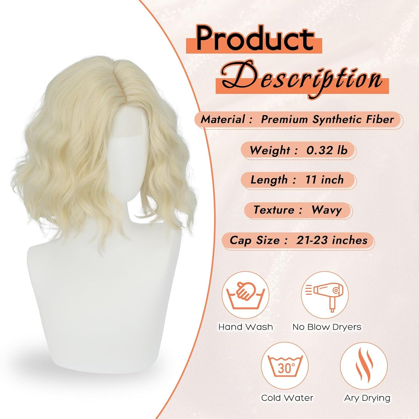 Blonde Bob Wig for Women - Lace Front Short Wavy Curly Synthetic Hair | 11-Inch Platinum Blonde