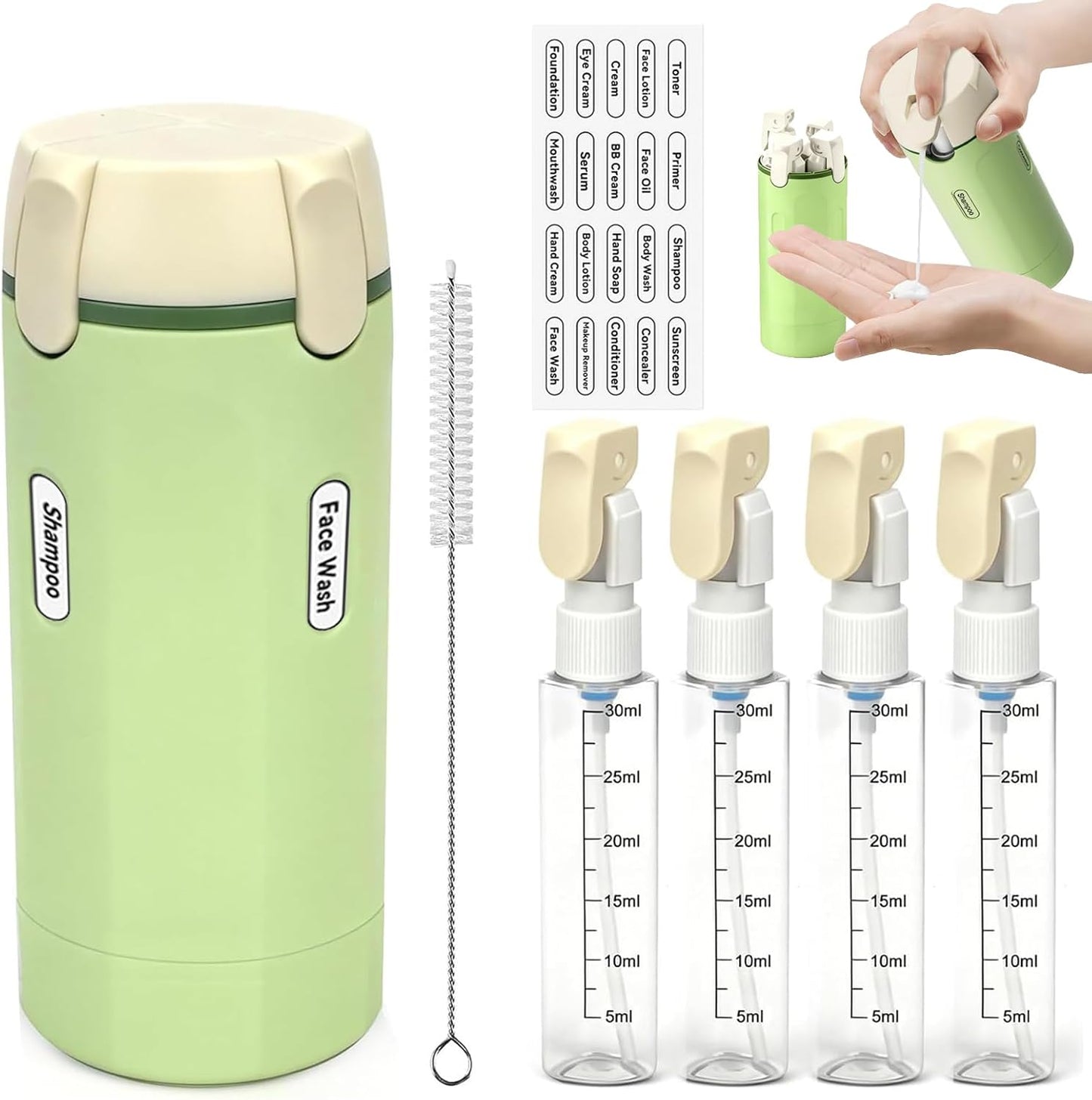 Travel Toiletry Dispenser Set - 4 Pack 30ML Refillable Leak-Proof Bottles for Shampoo & Shower Gel | Green