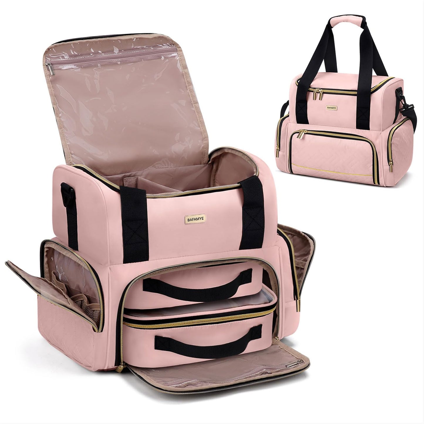 BAFAMYE Large Makeup Cosmetic Bag with 2 Removable Case, Double Layer Travel Makeup Organizer Case, travel Toiletry Bag For Women, Pink