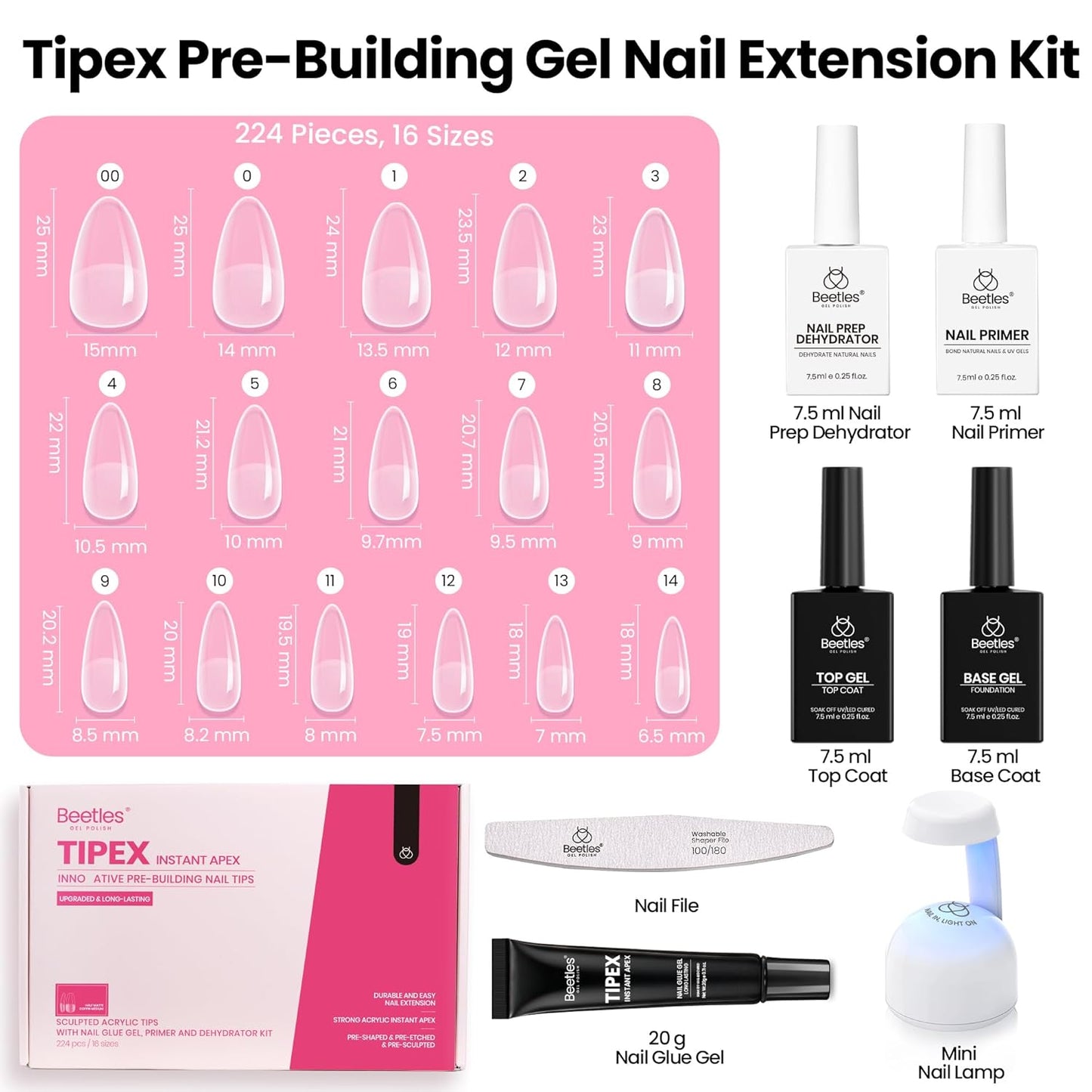 Beetles Nail Tips Kit - Instant Apex Medium Almond 224PCS | Dehydrator, Primer, UV Lamp & 20g Glue