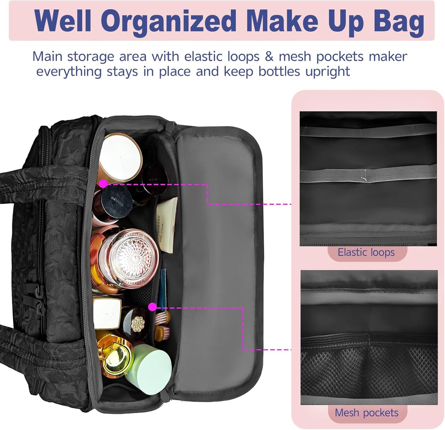 Toiletry Bag for Women - Large Travel Makeup Organizer | Black Cosmetic Skincare Pouch, 11.5" Size