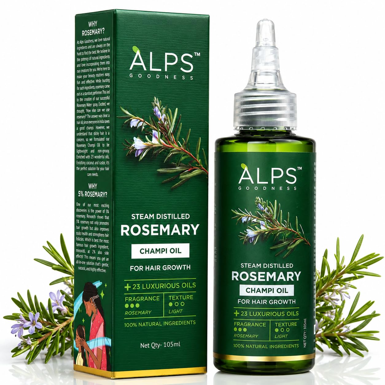Alps Goodness Rosemary Hair Growth Oil for Thicker, Fuller Looking Hair | Steam Distilled Rosemary Champi Oil | Nourishes Scalp, Reduces Breakage | Lightweight Hair Oil | 3.55 Fl Oz (105ml)