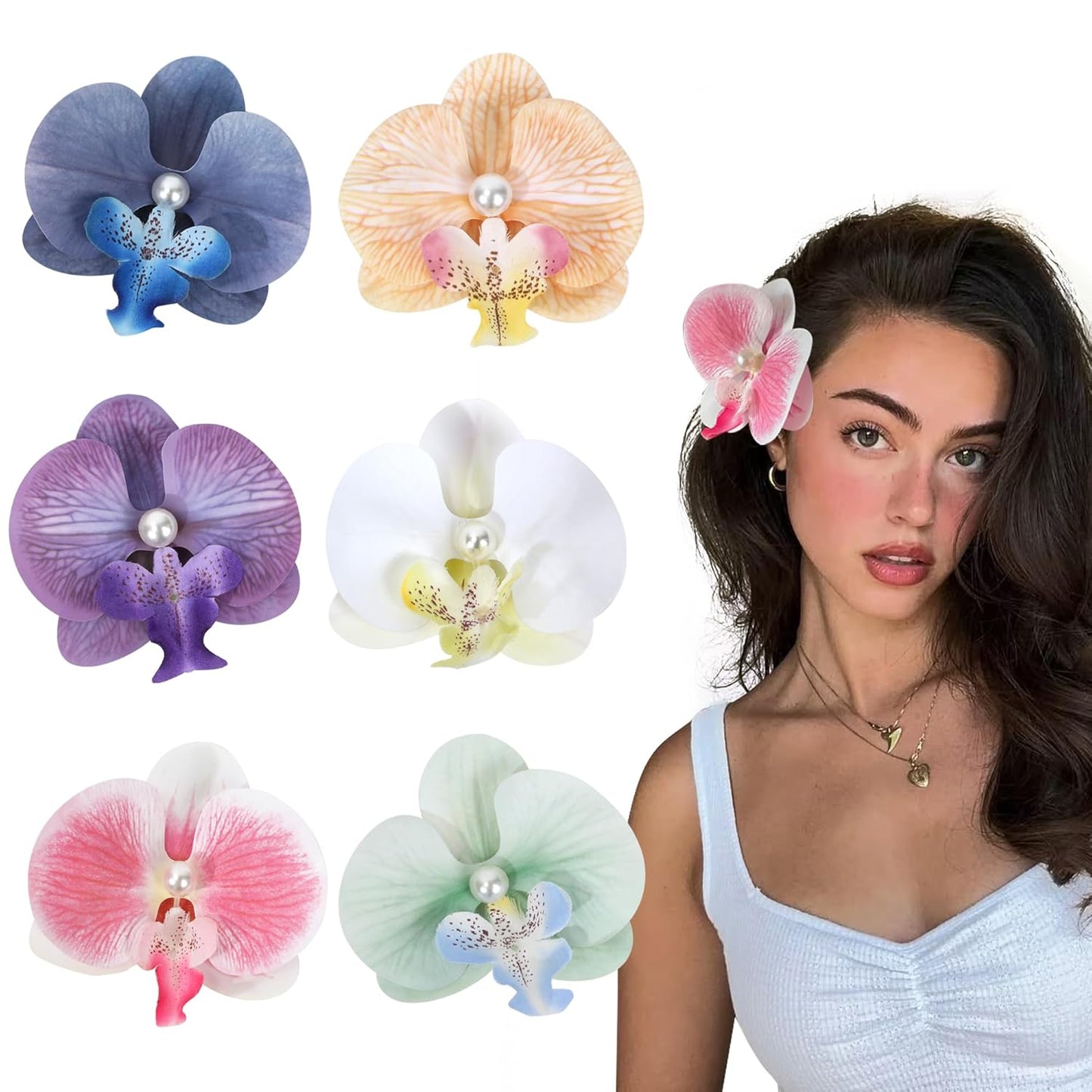 Flower Hair Clips - 6-Pack Hawaiian Tropical Silk Floral Hairpins for Women | Beach Wedding Accessories (Orange, Blue, Yellow)