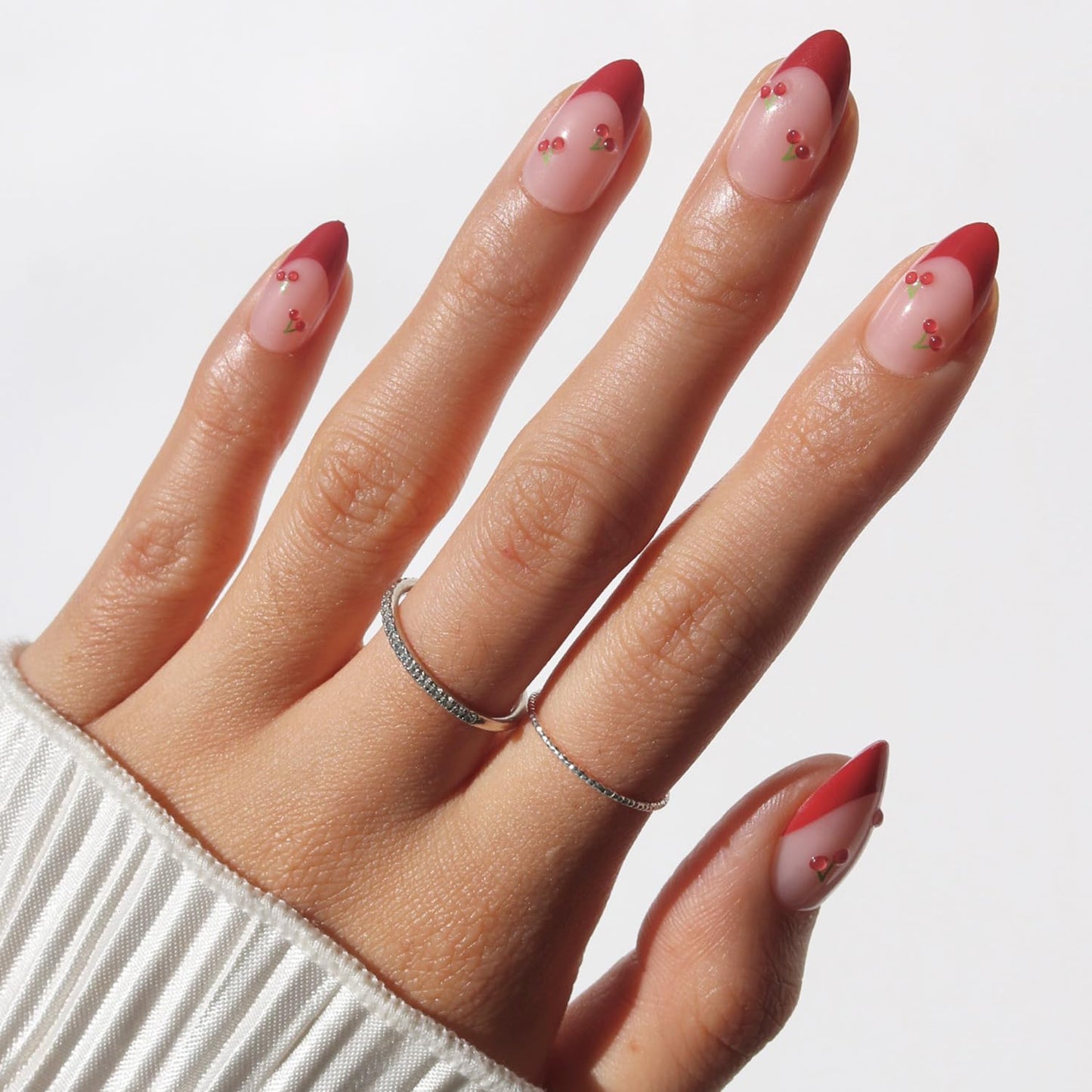 Glamnetic Press On Nails - Cherry Bomb Short Almond Fake Nails with Glossy Red French Tips | 30 Nail Kit with Glue in 15 Sizes