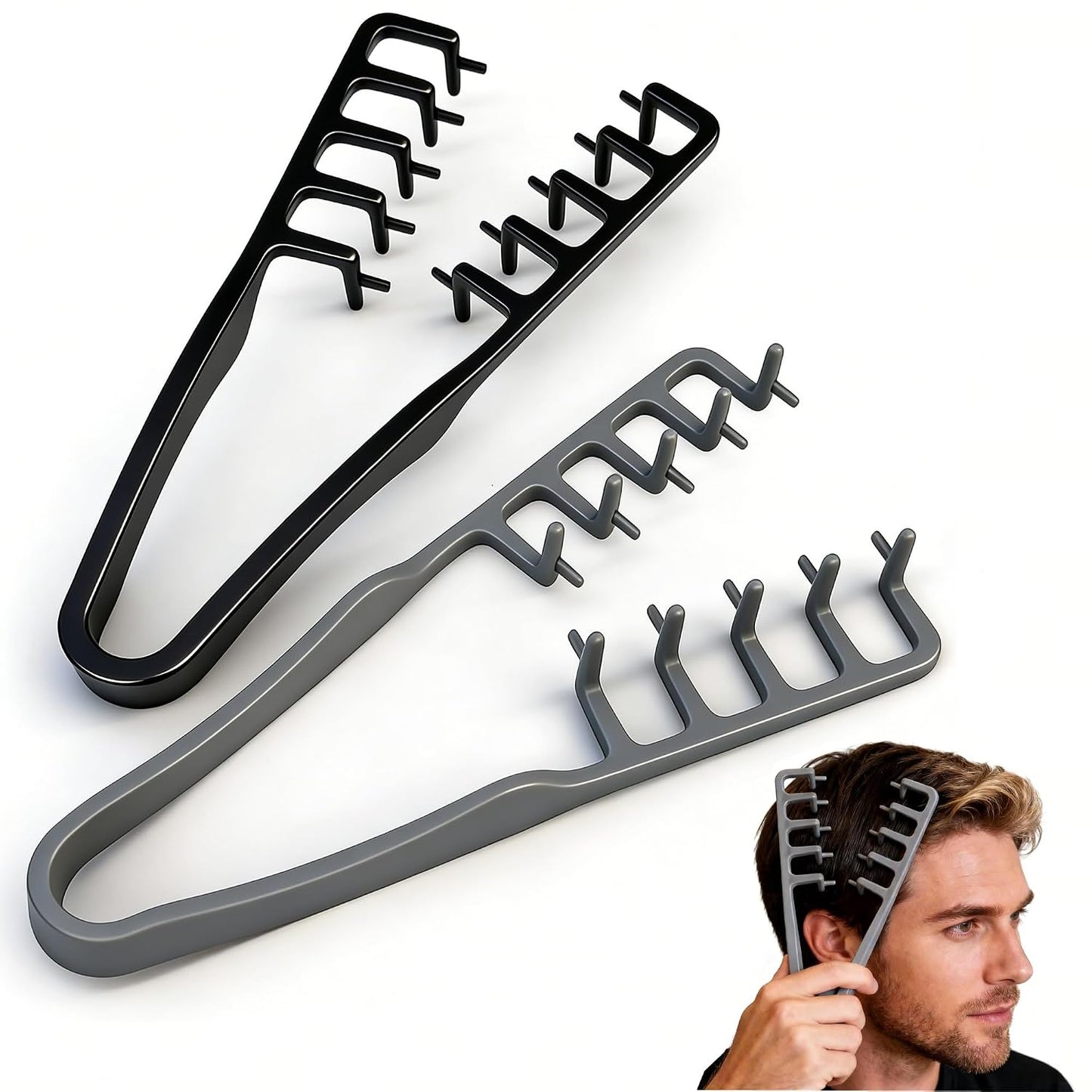 Voluminous Wide-Toothed Hair Comb Set - 2 Pcs Dual-Purpose Tool | Textured Grip, ABS Plastic, Black & Grey