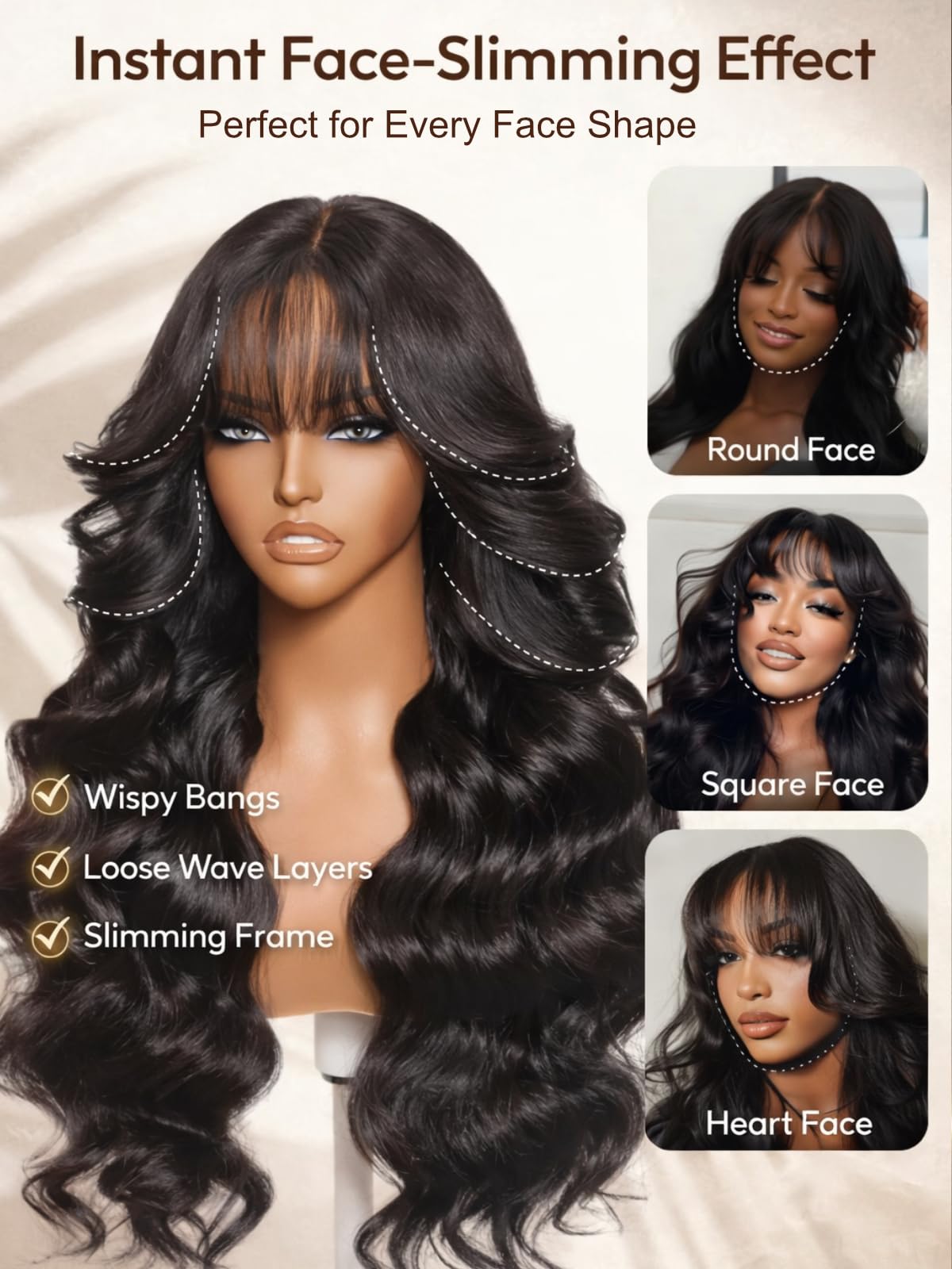 UNICE Body Wave Human Hair Wig with Wispy Bangs, Glueless 7x5 Lace Front Wig Pre Cut Pre Plucked Bleached Knots, Beginner Friendly Ready to Wear Drawstring Wig, Natural Black 180% Density 22 Inch