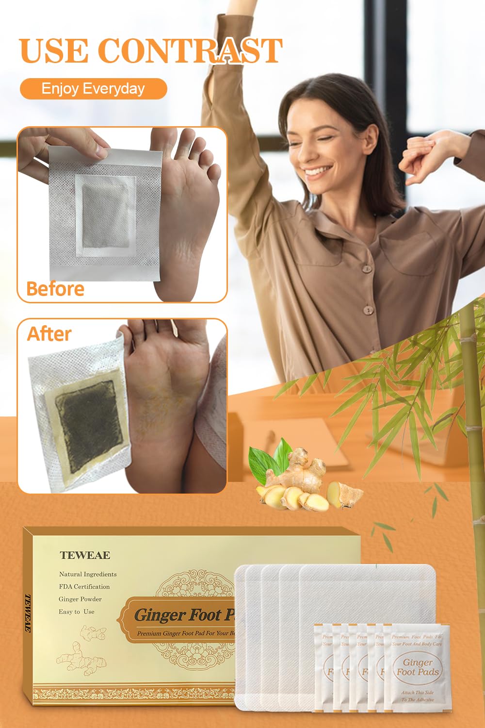 TEWEAE Foot Pads, Ginger FootPads, Natural Ginger Powder Bamboo Vinegar Foot Patches to Feel Better, Sleep Better & Relieve Stress, 20 Packs.