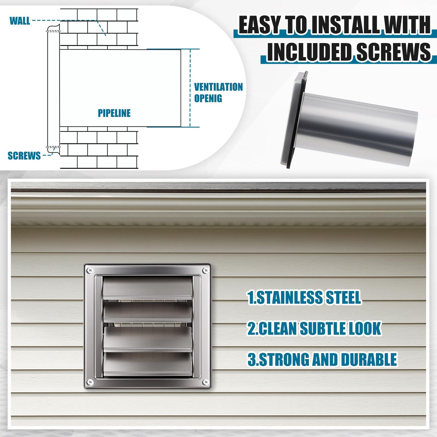 Glooglitter 4'' Dryer Vent Cover Outside Wall Stainless Steel Dryer Vent Cover Kit, Built-in Mesh, with 8 Inch Removable Extension Pipe and 4 Pcs Screws, for House Outdoor Extended Air Pipe