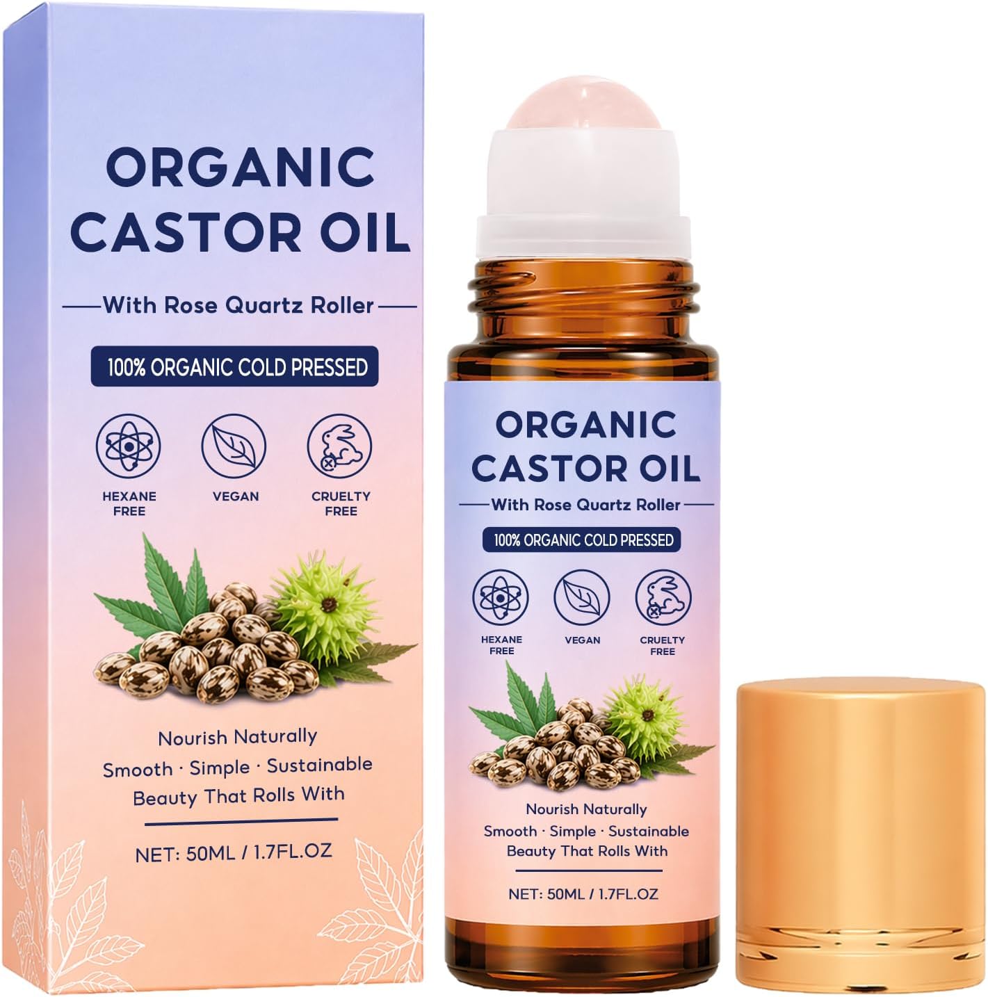 100% Pure Cold Pressed Castor Oil - Hexane-Free Roll-On Applicator for Face, Body, Hair & Scalp Care (1 oz)