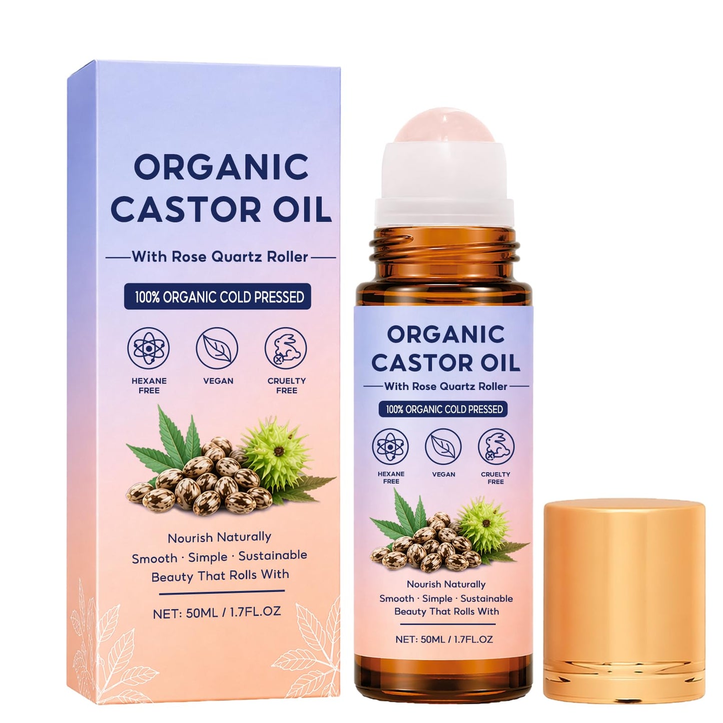 Organic Castor Oil Roll On, 100% Pure Cold Pressed Castor Oil, Hexane-Free Roll-On Applicator for Face, Body, Hair, Brows, Lashes, Scalp Massage & Skin Moisturizing Care (1)