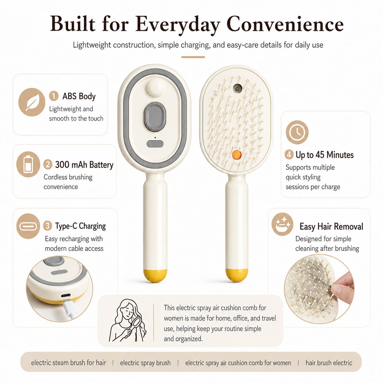 2026 New Electric Spray Air Cushion Massage Comb, Rechargeable Electric Steam Brush for Hair, Frizz-Free Mist Hair Brush Electric for Busy Commuters & Quick Styling Before Dates (Beige)