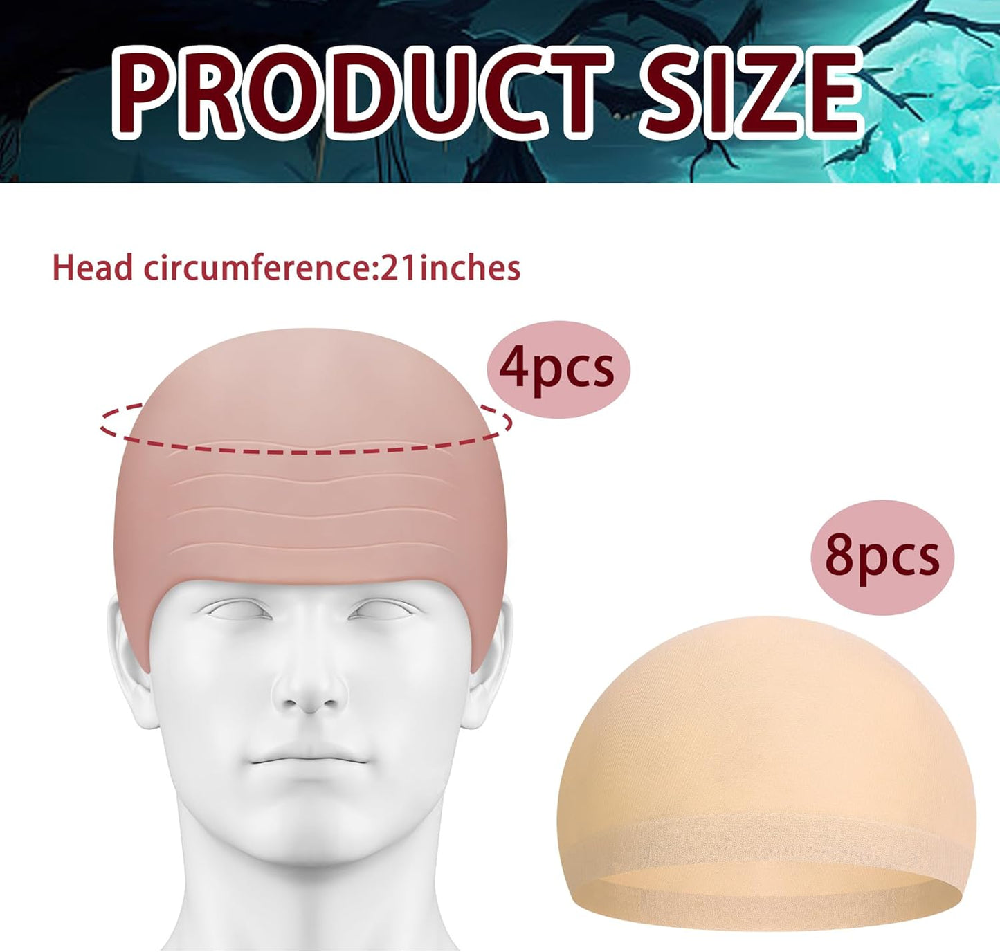 Bald Caps Set for Halloween - 12 PCS Makeup Bald Cap & 8 Wig Caps | Costume Accessories for Men & Women