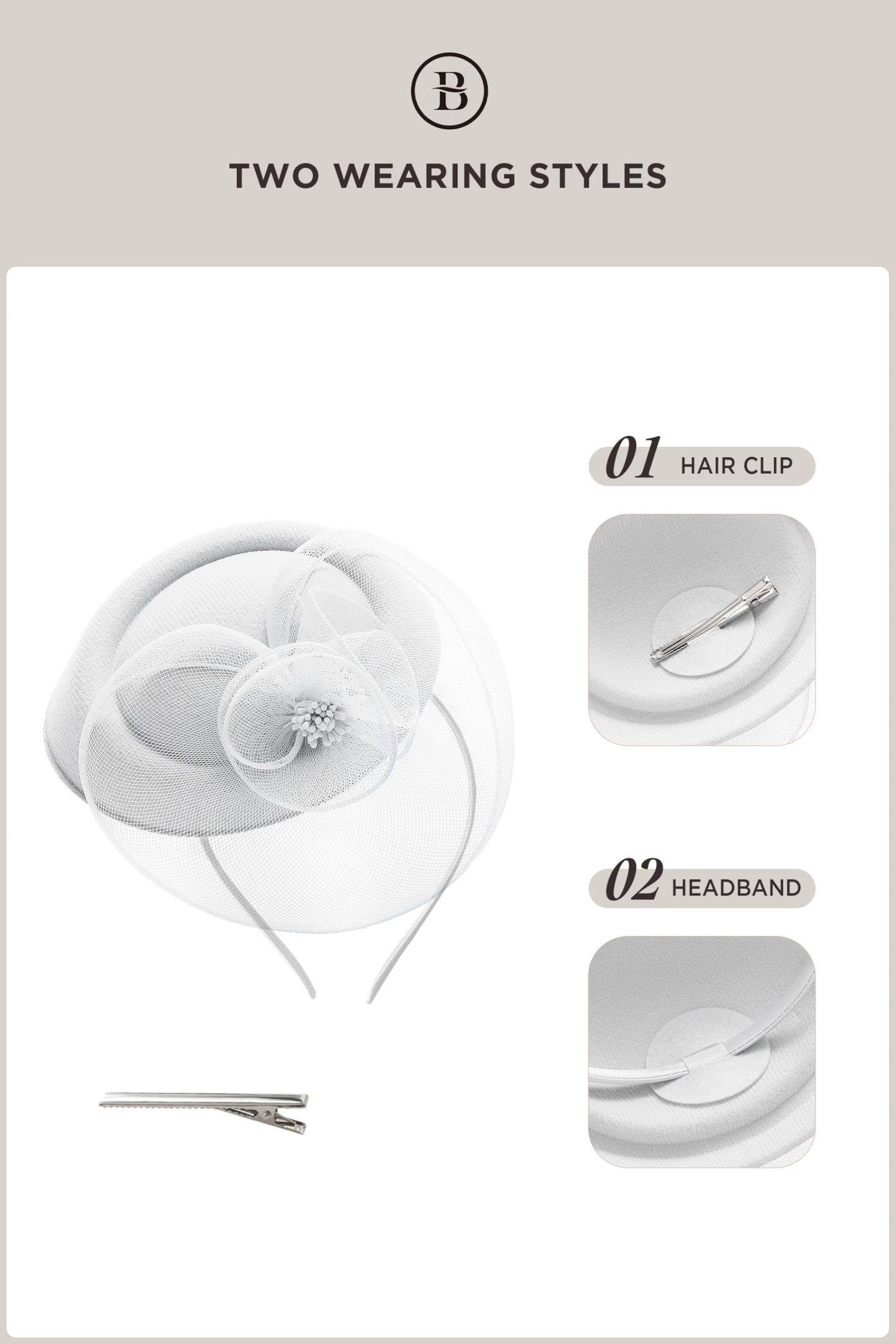 BABEYOND Fascinators Hats for Women - Tea Party Hat Kentucky Fascinator Derby Flower Mesh Pillbox Hat for Bridal Wedding White
