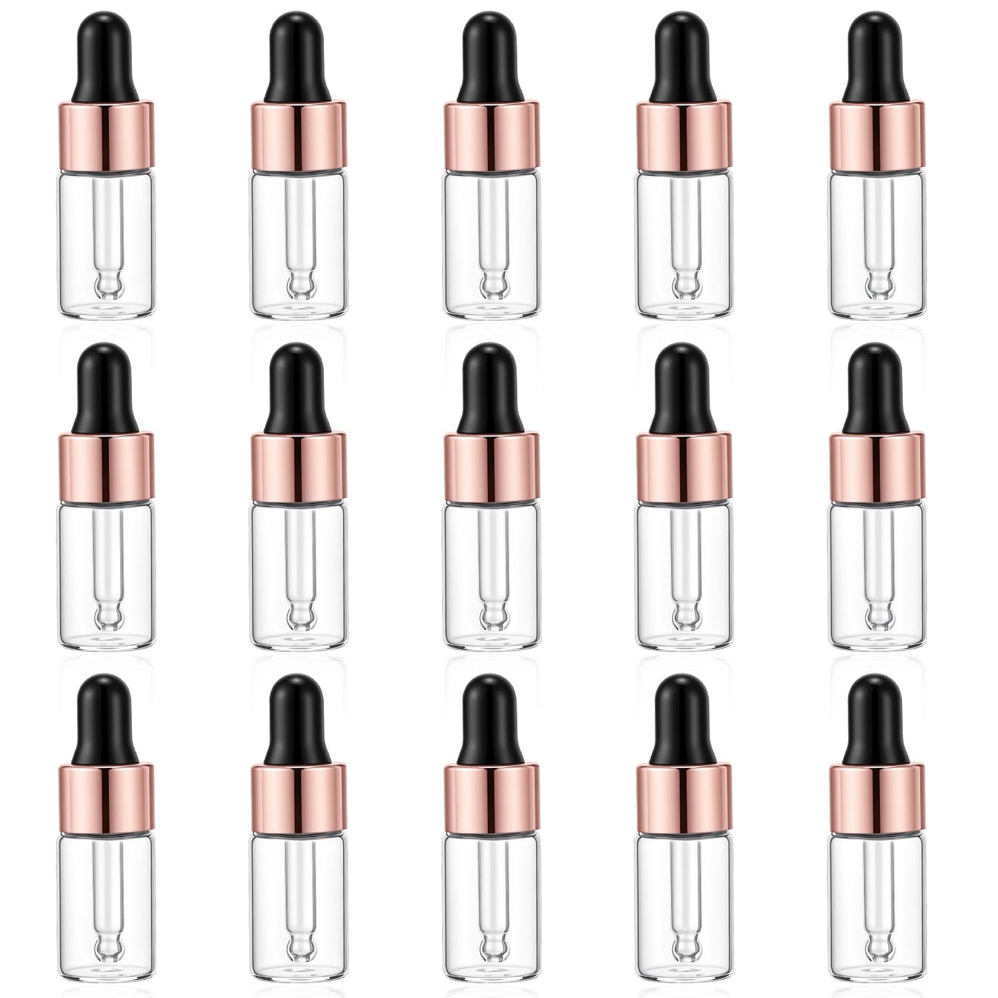 Bremorou 15 Pcs 3ml Mini Glass Dropper Bottle for Essential Oil Small Clear Sample Dropper Vails with Rose Gold Caps Makeup Containers for Essence Liquid Cosmetic Containers