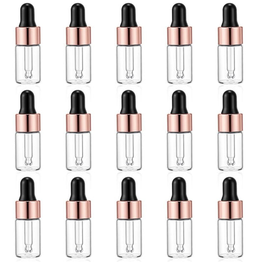 Bremorou 15 Pcs 3ml Mini Glass Dropper Bottle for Essential Oil Small Clear Sample Dropper Vails with Rose Gold Caps Makeup Containers for Essence Liquid Cosmetic Containers