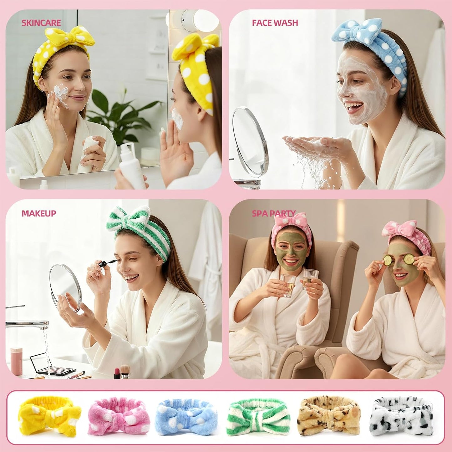 Spa Headband Set - 6 Pcs Furry Face Wash Headbands for Skincare & Makeup | Removable Bow Design