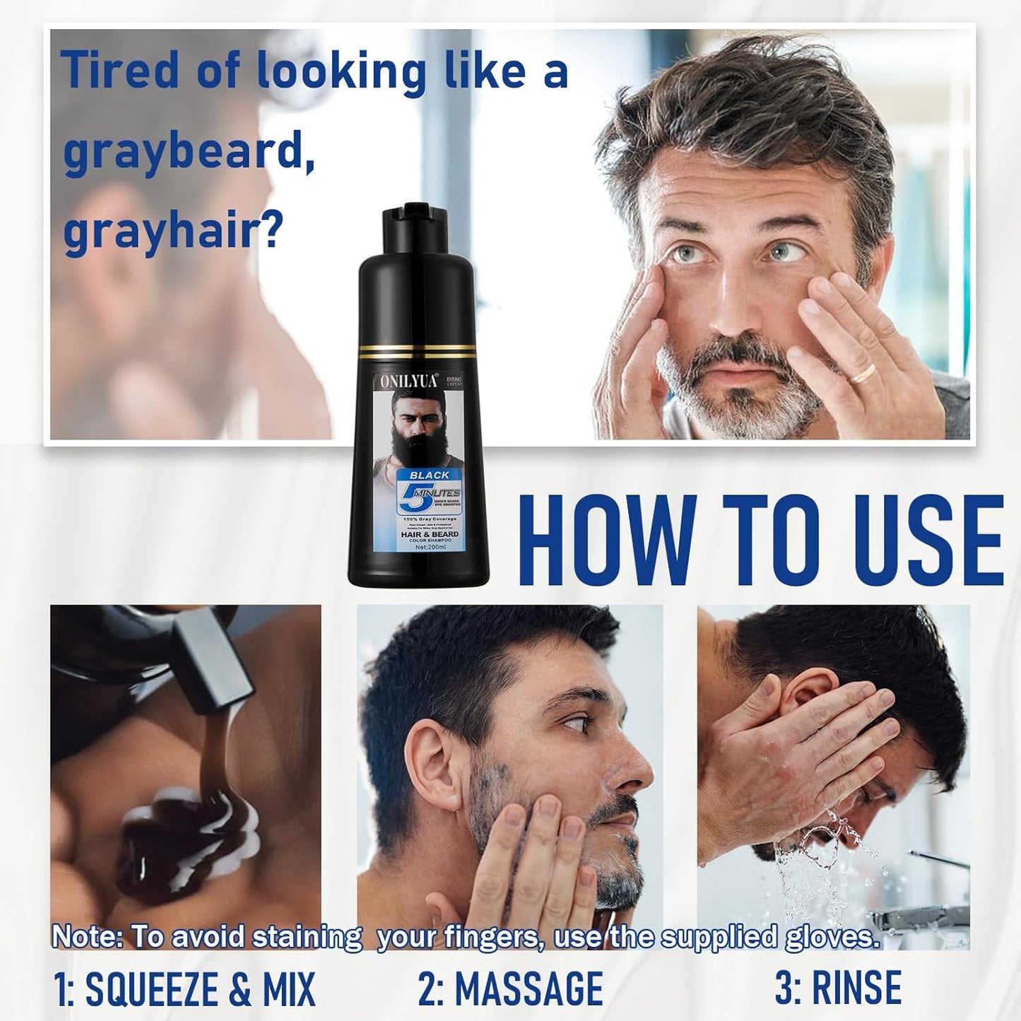 Men's Black Hair Dye - Long-Lasting Gray Coverage & Quick 5-Minute Beard Shampoo | 3-in-1 Solution